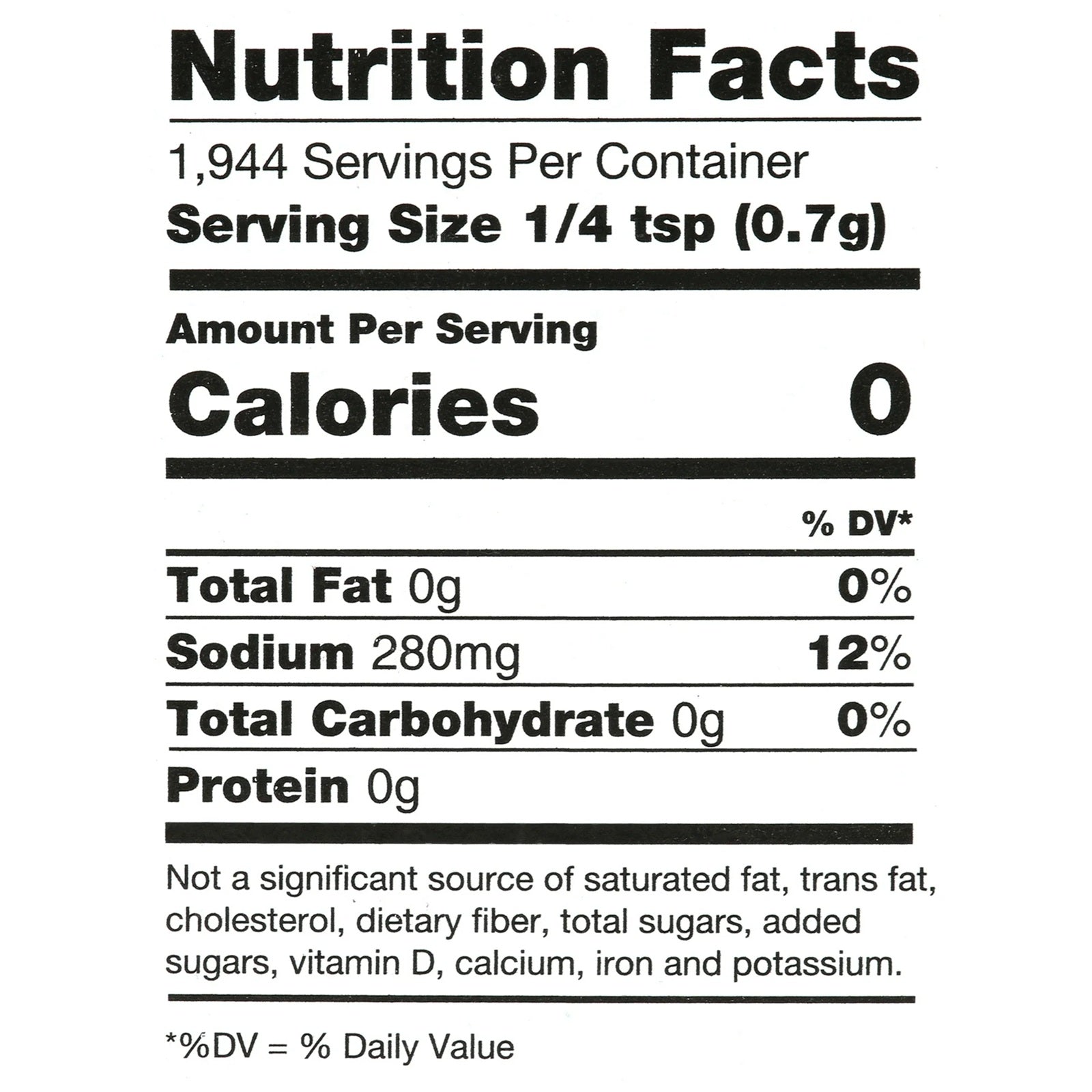 Nutrition facts label for Diamond Crystal kosher salt with 1,944 servings per container and a serving size of 1/4 tsp.