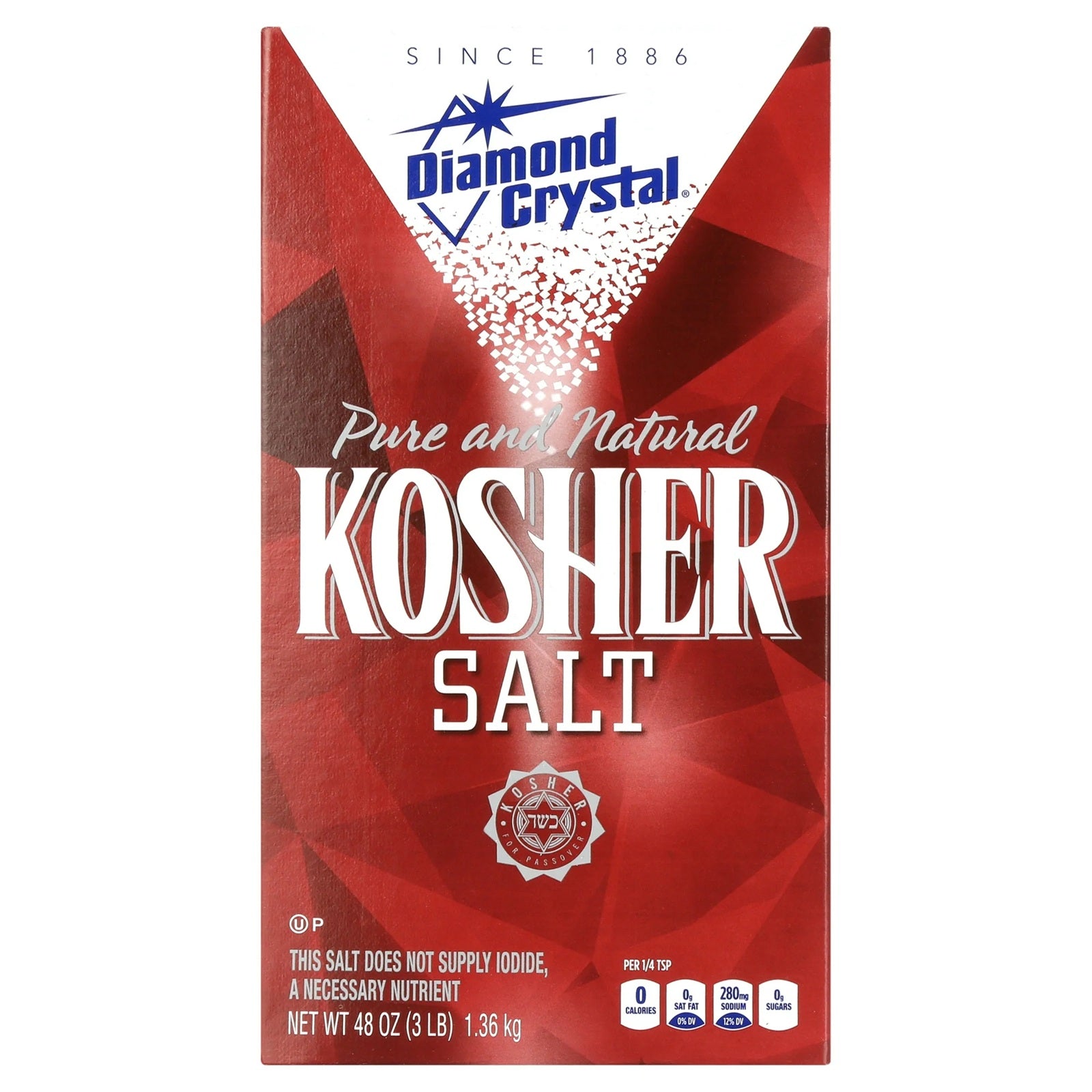 Diamond Crystal pure and natural kosher salt, kosher for passover.