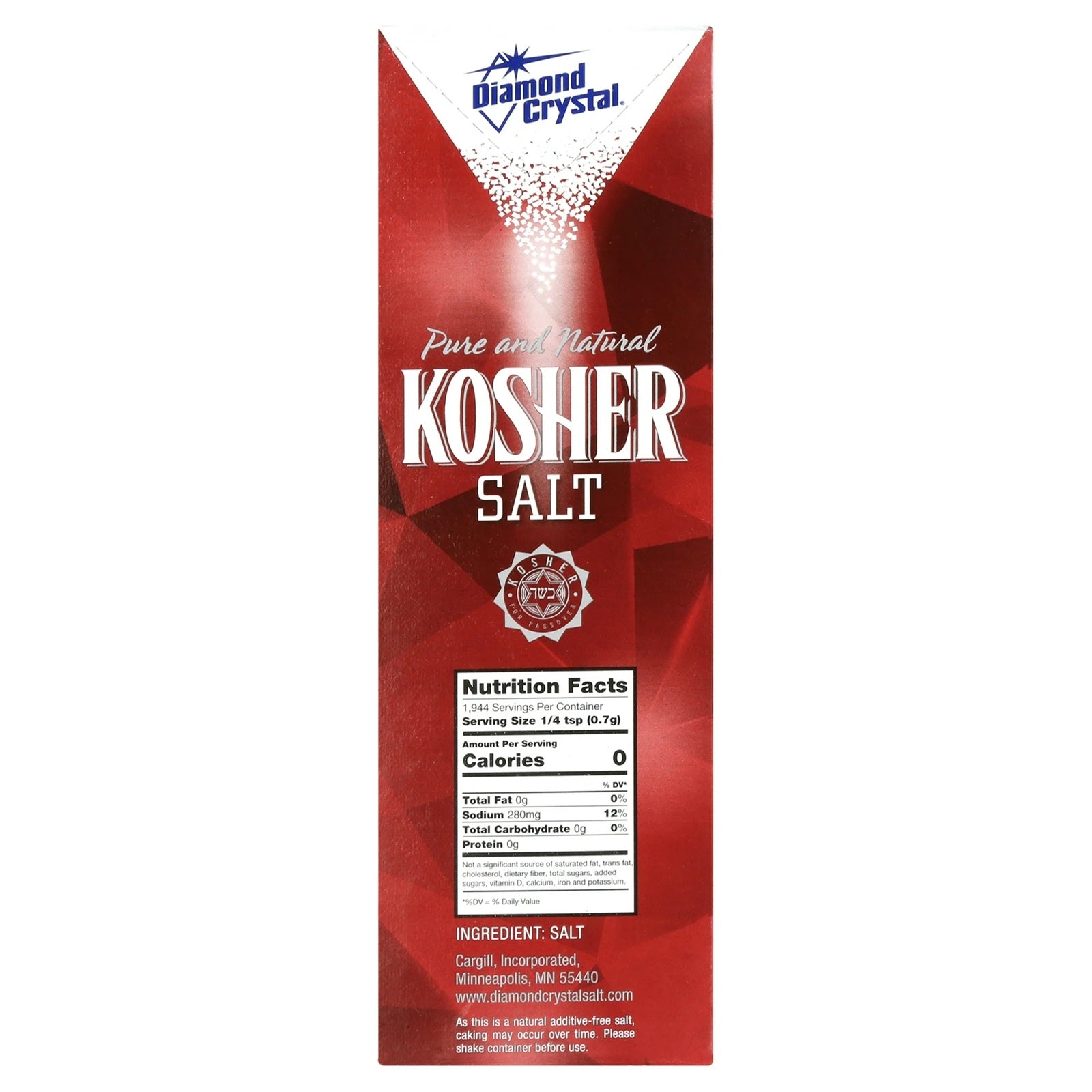 Diamond Crystal Kosher Salt packaging - kosher for passover cooking salt.