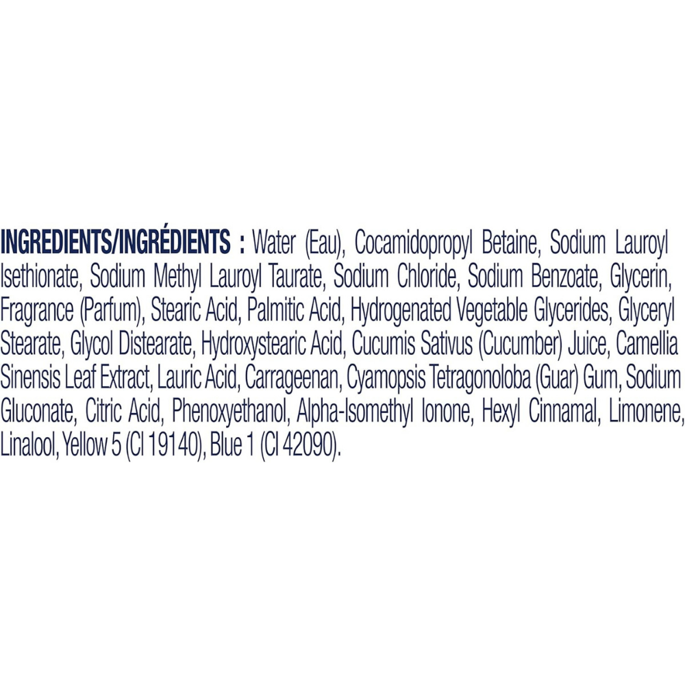 List of ingredients for Dove go fresh body wash in refreshing cucumber and green tea