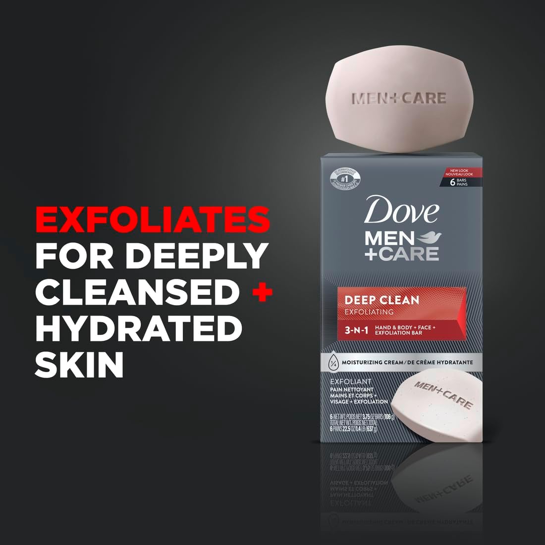 Dove men+care exfoliating soap bar for deeply cleansed + hydrated skin.