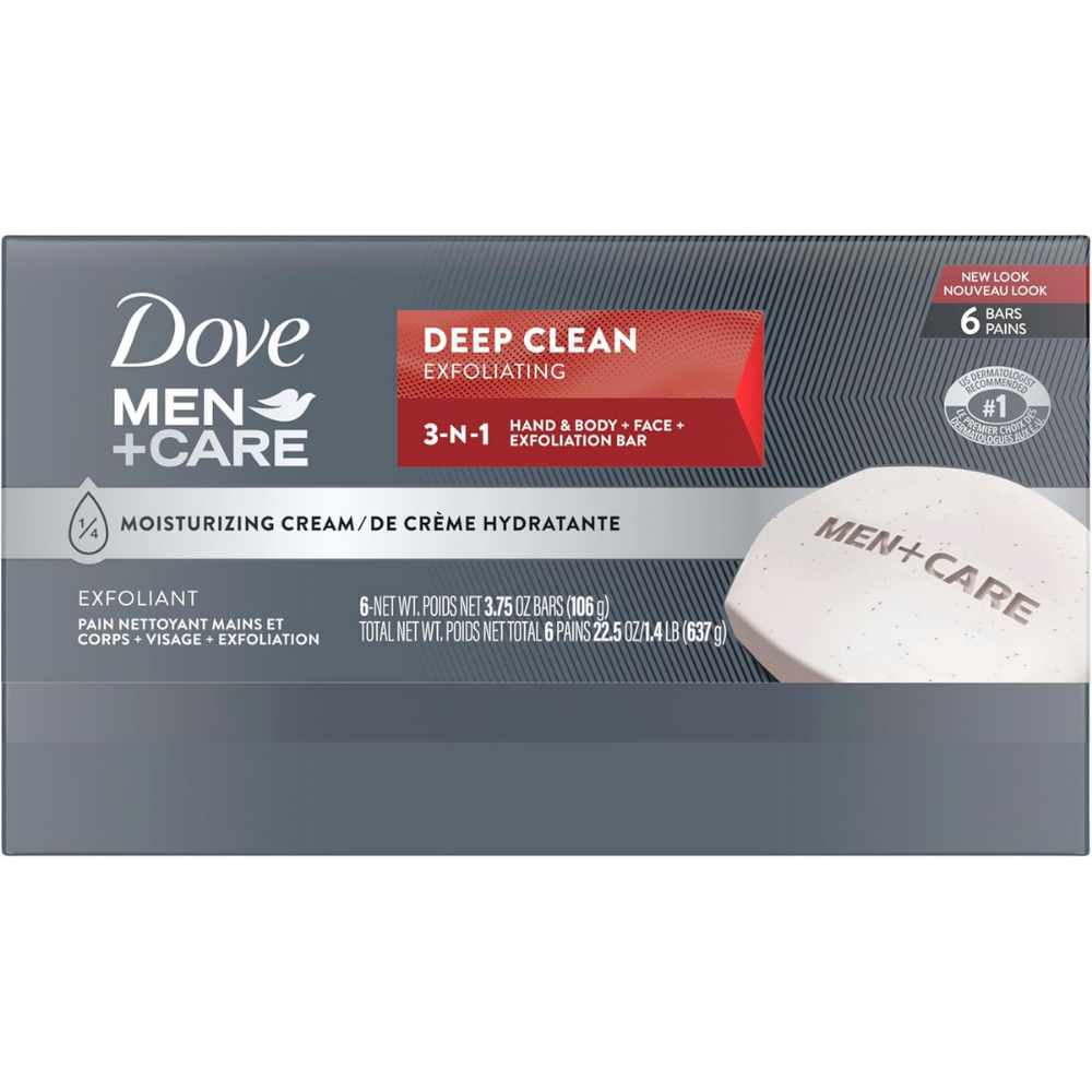 6 Dove men+care deep clean exfoliation soap bars.