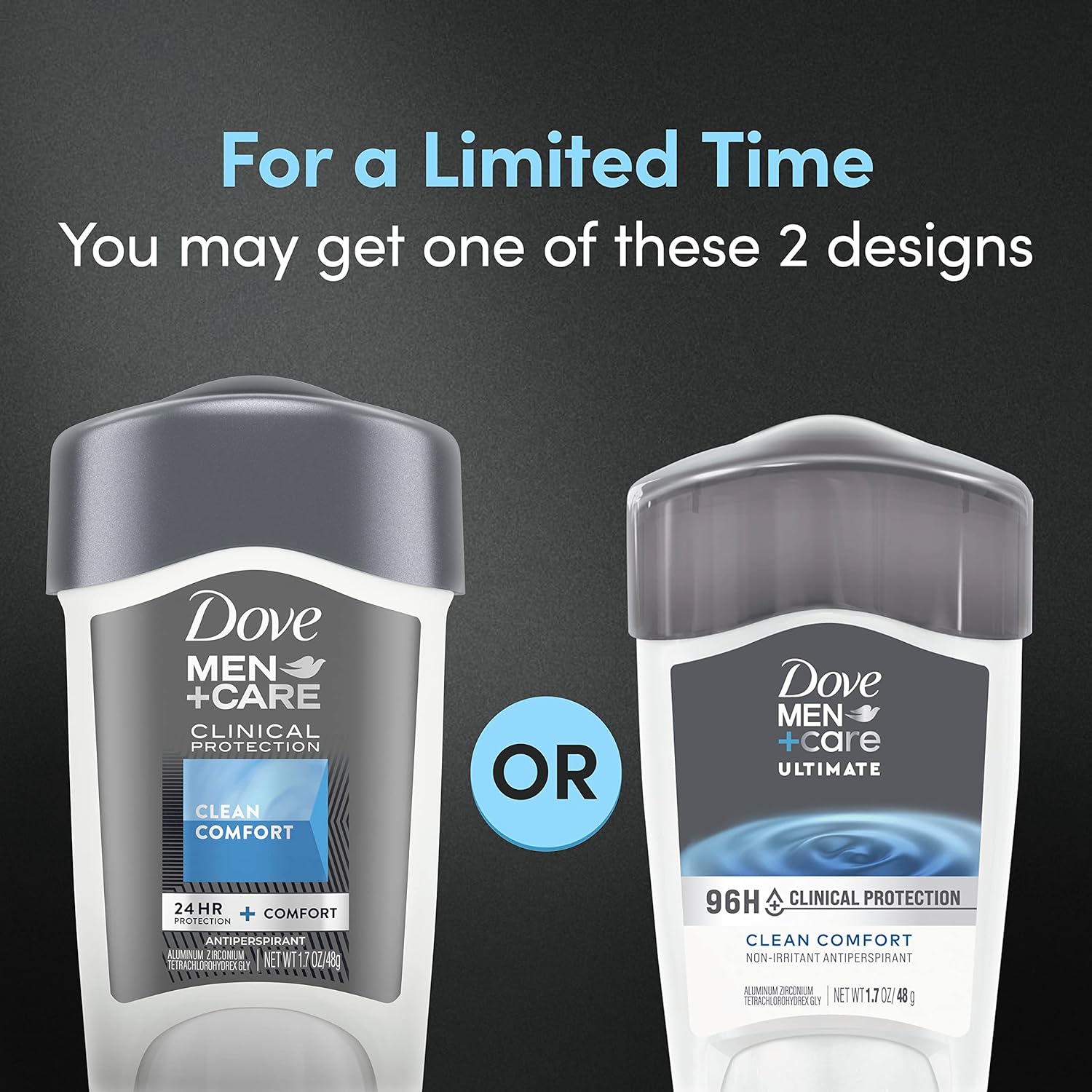 New packaging for Dove men+care ultimate clinical protection clean comfort antiperspirant stick