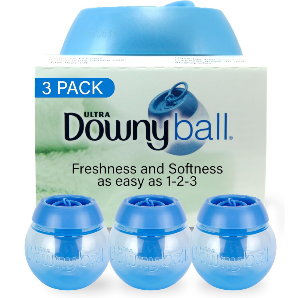 3 pack ultra Downy Ball fabric softener dispensers in a packaging with blue lids and white bodies.