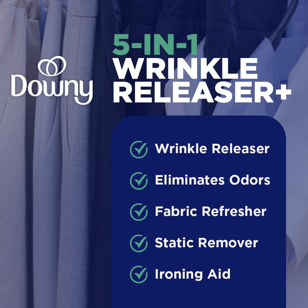Downy 5-in-1 wrinkle releaser spray with listed benefits including wrinkle releasing, odor eliminating, fabric refreshers and static remover.