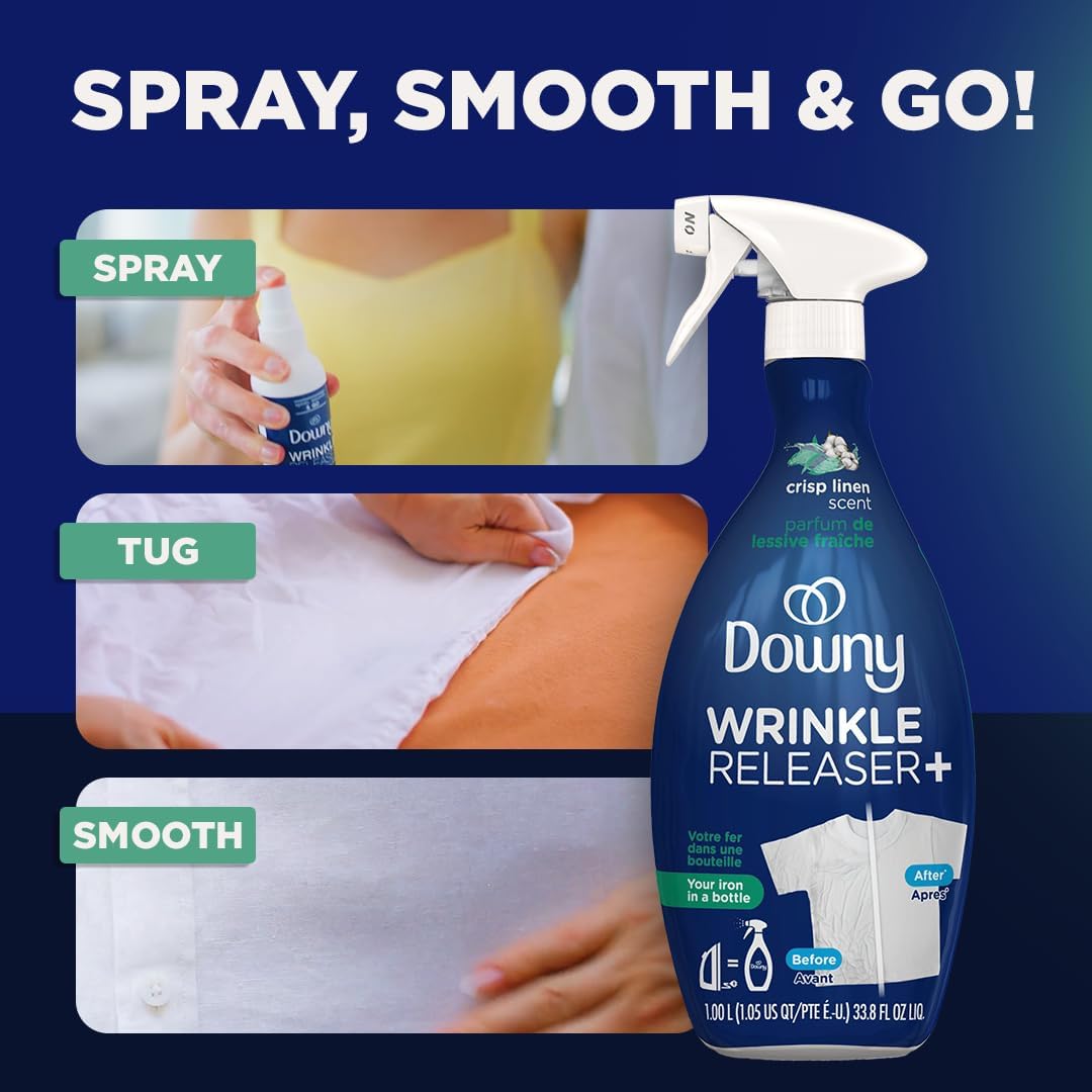 Downy Wrinkle Releaser spray bottle in crisp linen scent - easy instructions simply spray, smooth and go