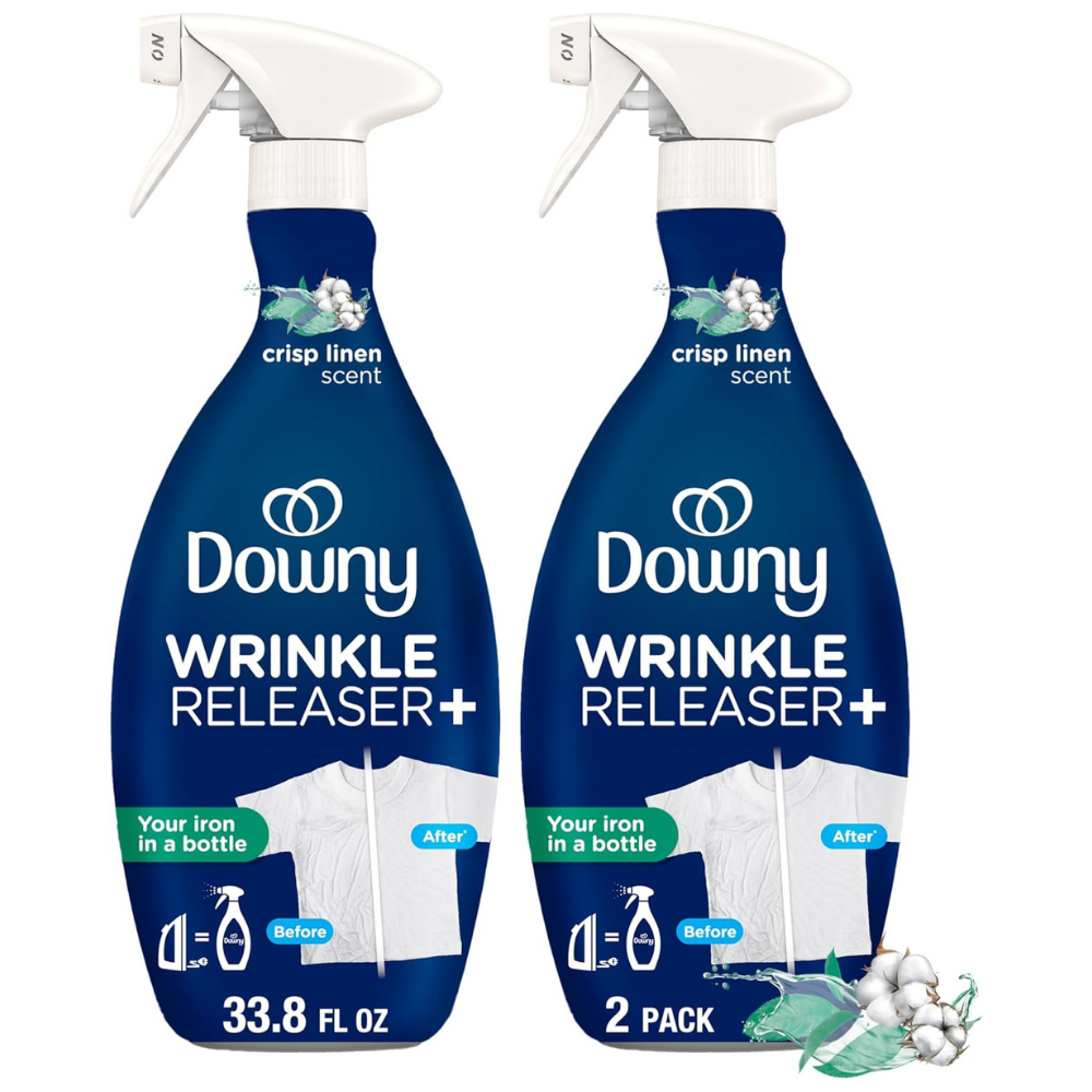 Two bottles of Downy Wrinkle Releaser fabric spray in a crisp linen scent.
