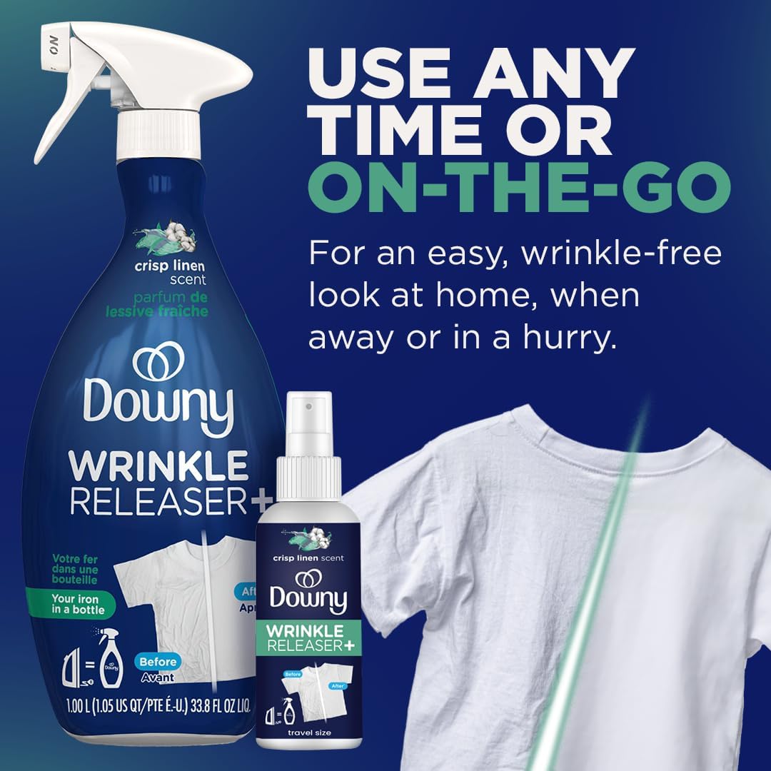 Downy wrinkle releaser in a crisp linen scent for use any time on the go - iron free wrinkle remover