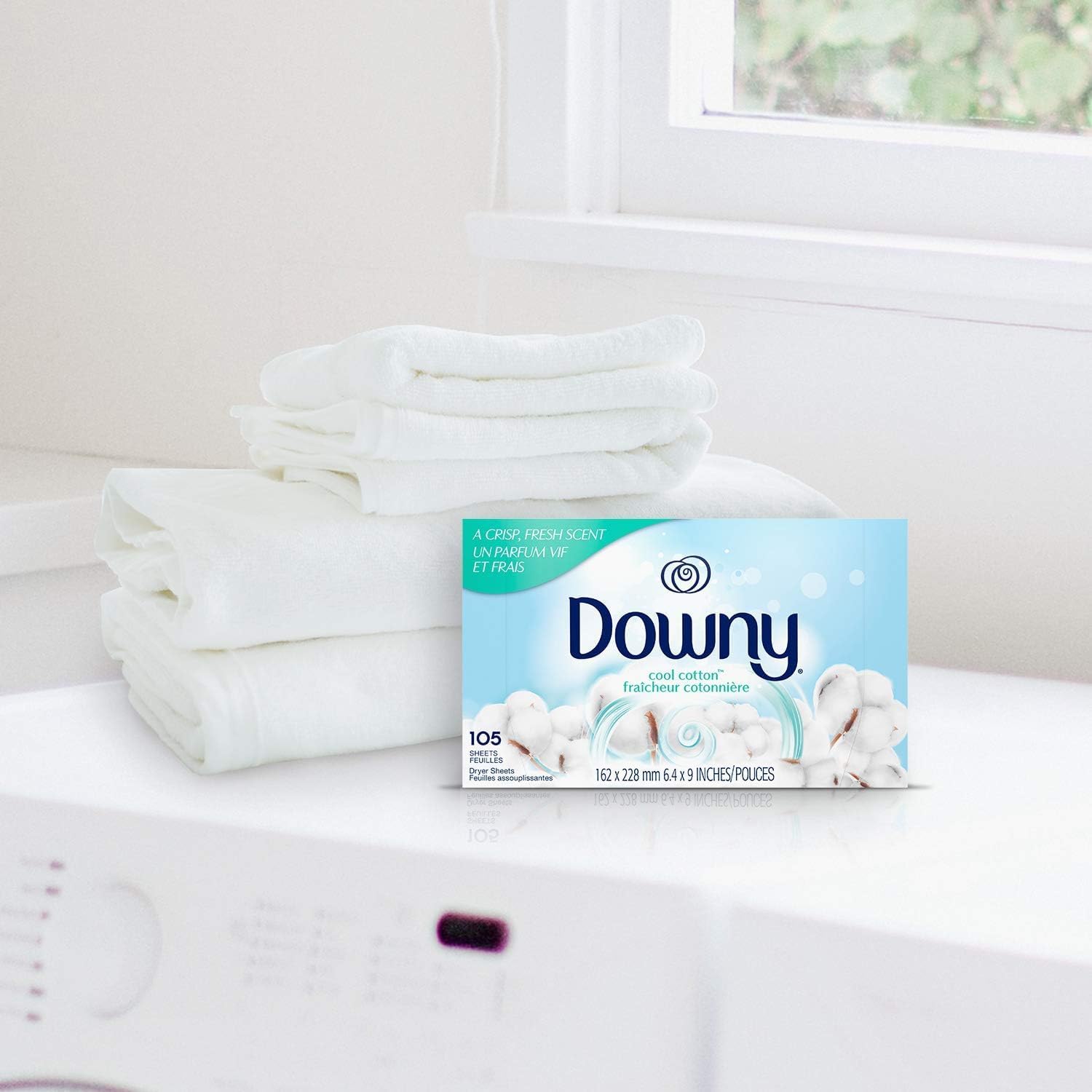 Downy fabric softener dryer sheets in cool cotton scent used on towels and laundry