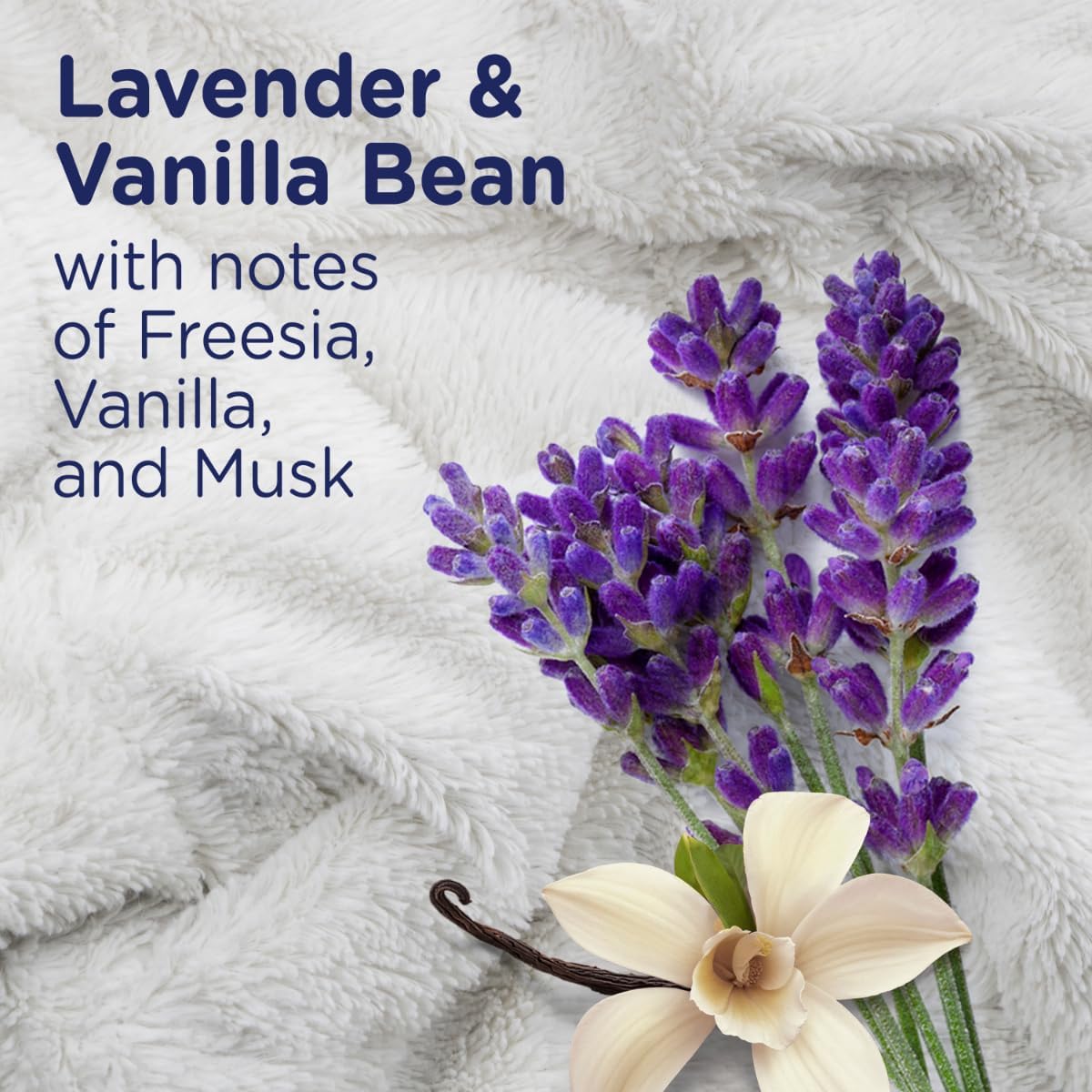 Downy infusions liquid fabric conditioner in lavender & vanilla bean scent with notes of freesia, vanilla & musk