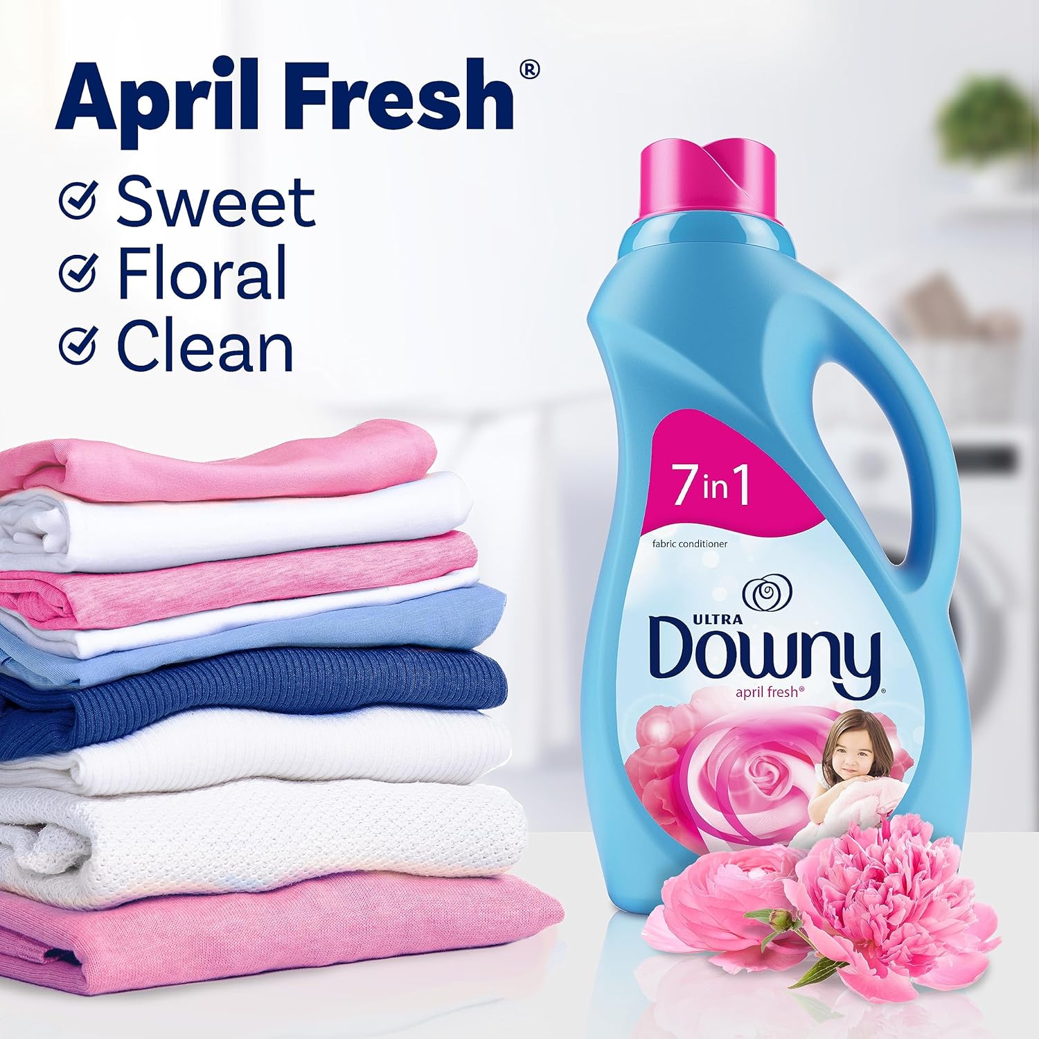 Downy ultra fabric softener in April fresh scent for sweet, floral clean.