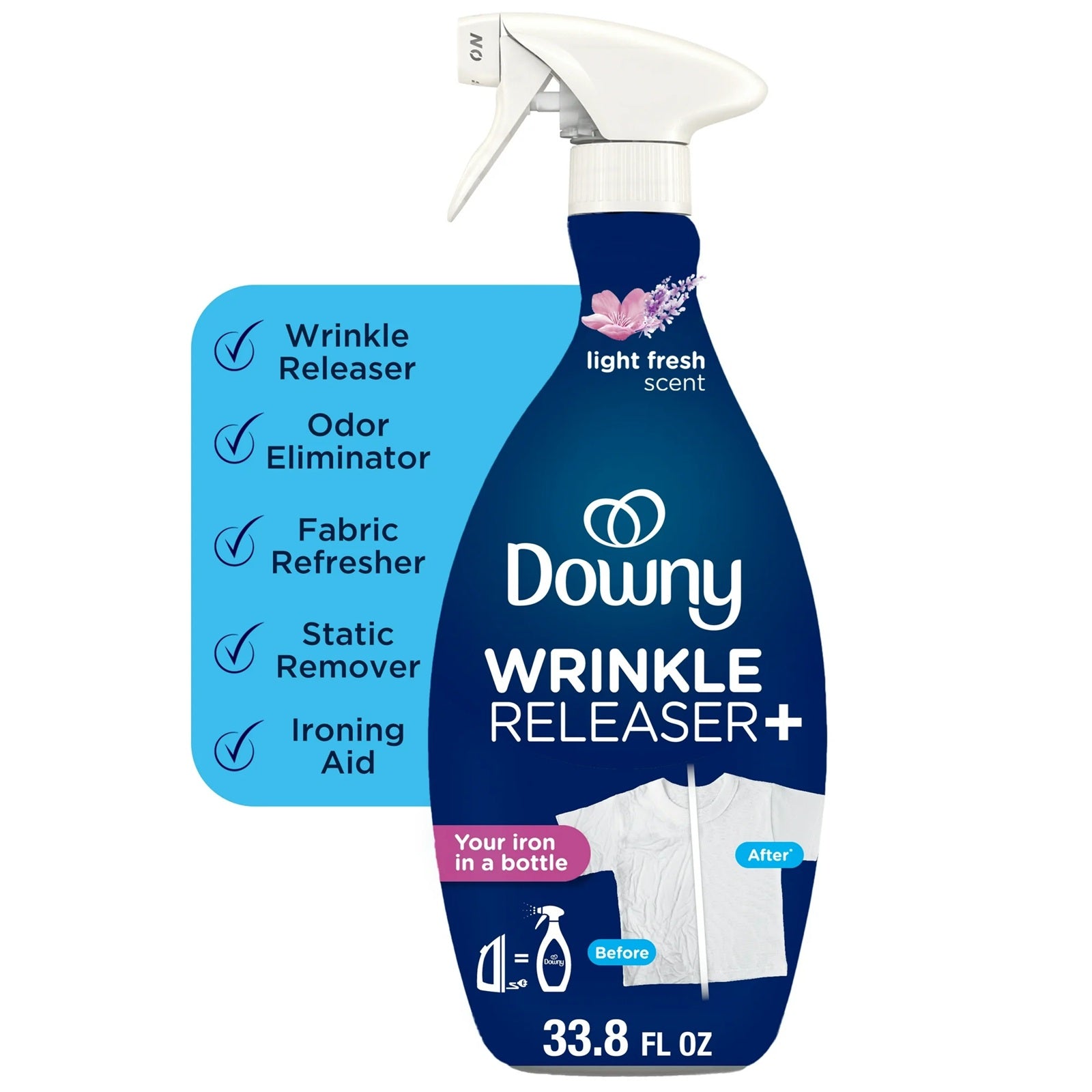 Downy wrinkle releaser is your iron in a bottle with its wrinkle releaser, odor elimination, fabric refresher, static remover and ironing aid.