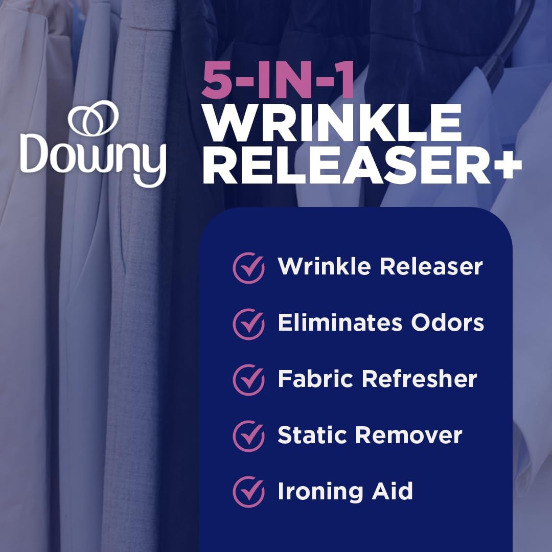 Downy 5-in-1 wrinkle releaser features wrinkles releaser, eliminates odors, fabric refresher, static remover and ironing aid.