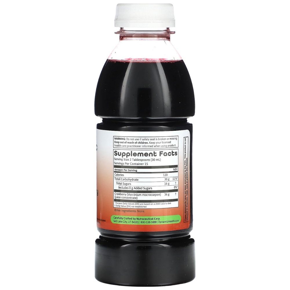 Back of bottle of Dynamic Health cranberry juice with supplement facts