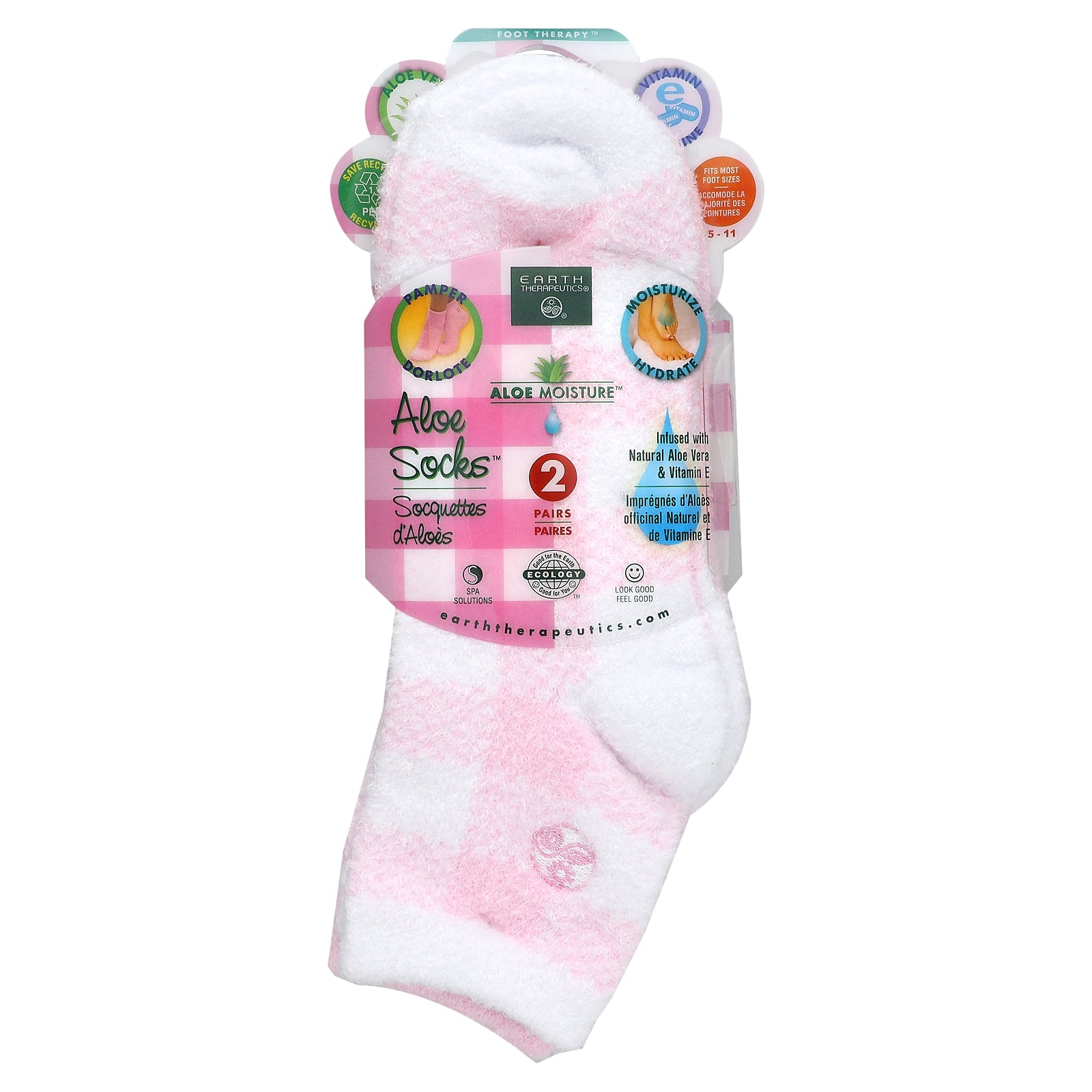 Earth Therapeutics Aloe Socks | Pink Plaid | 2 Pair