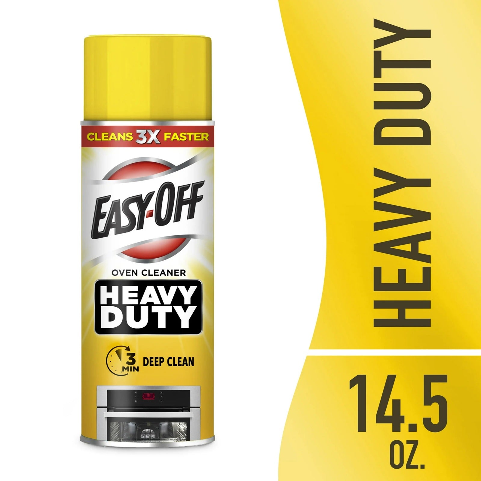 Easy-Off heavy duty oven cleaner, cleans 3x faster for deep cleaner.