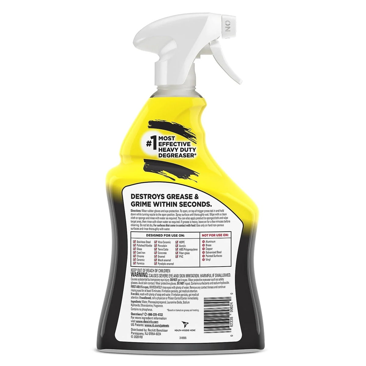 Bottle of Easy-Off heavy duty degreaser designed for use on stainless steel, polished marble, cast iron, glass and more.