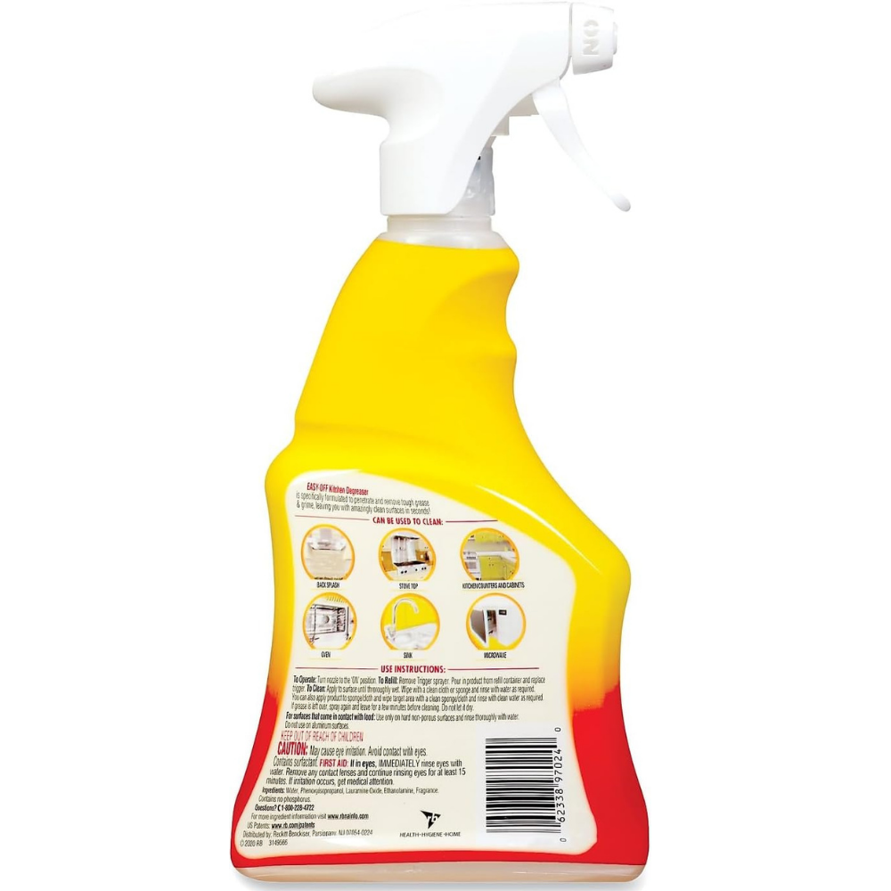 Easy-Off kitchen degreaser spray with instructions and warnings - non-abrasive home cleaning spray.