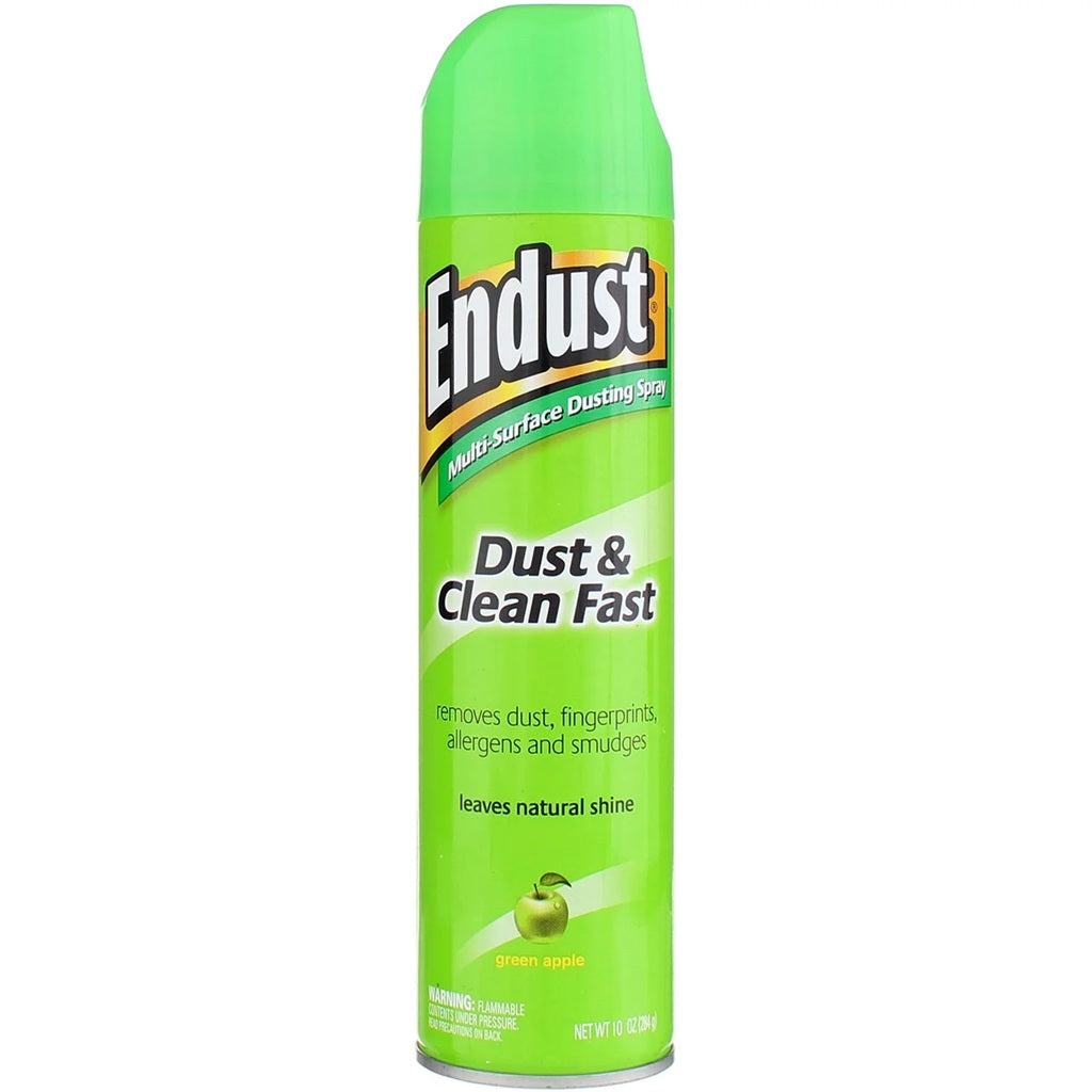 Endust multi-surface dusting spray dusts and cleans fast removing dust, fingerprints, allergens and smudge with a green apple scent.