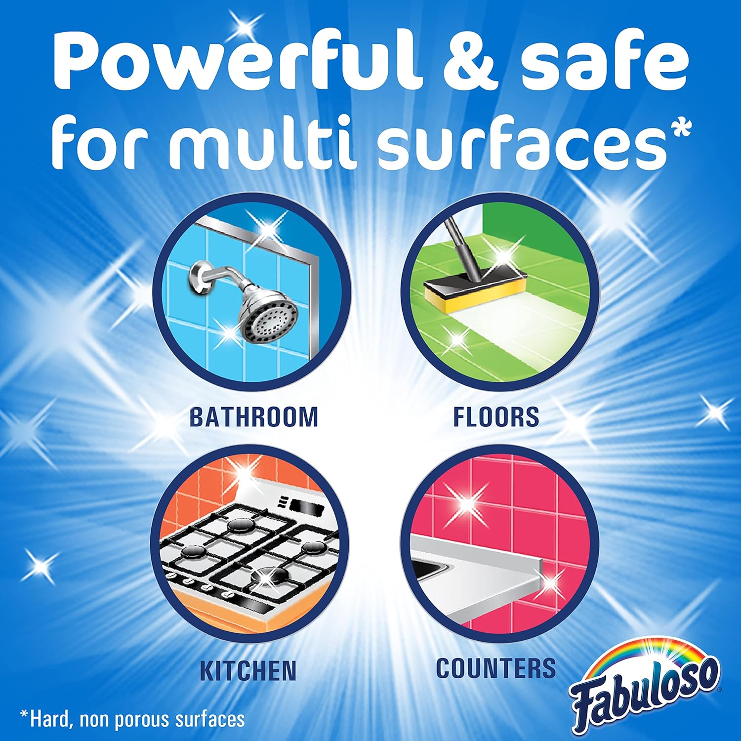 Fabuloso multi-purpose cleaner is powerful & safe for multiple surfaces including counters, floors and bathrooms.