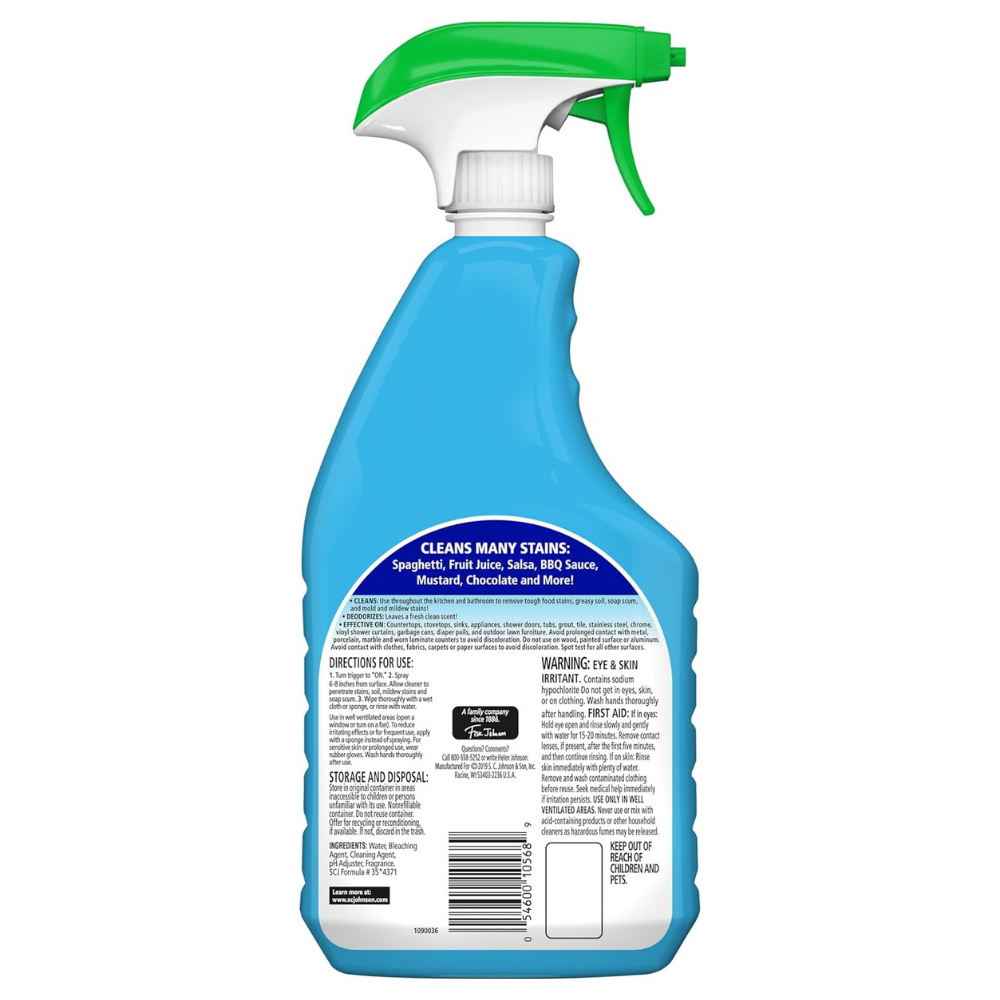 Back of a spray bottle of Fantastik all purpose cleaner with bleach including directions, instructions and more