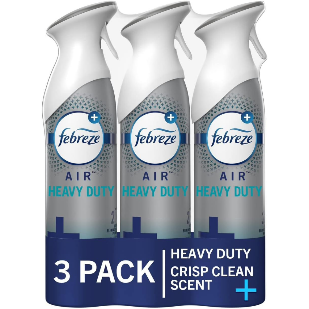 3 pack of febreze heavy duty air freshener aerosol spray in crisp clean scent.