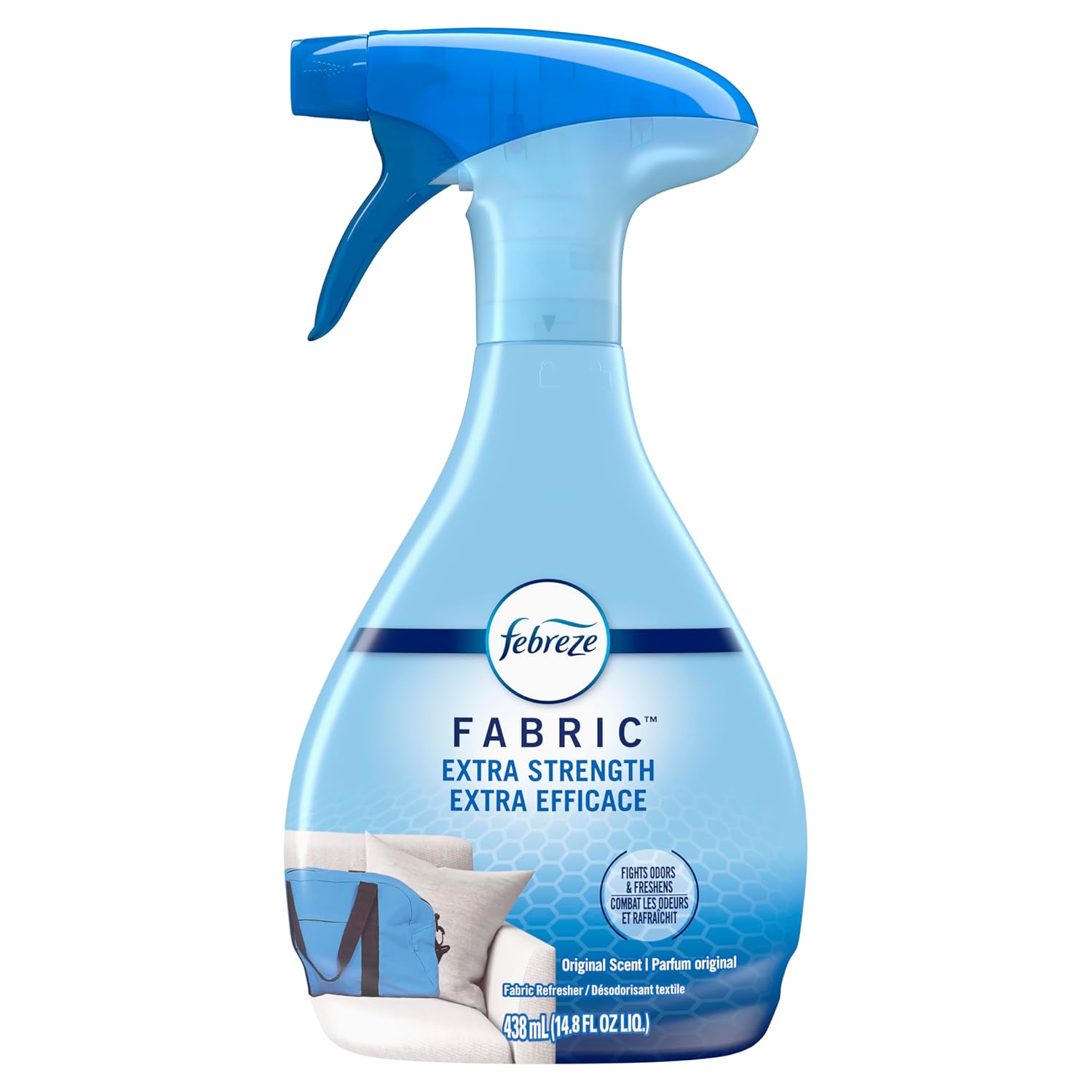 A bottle of Febreze Fabric spray with extra strength and extra efficace to fight odor & freshens.