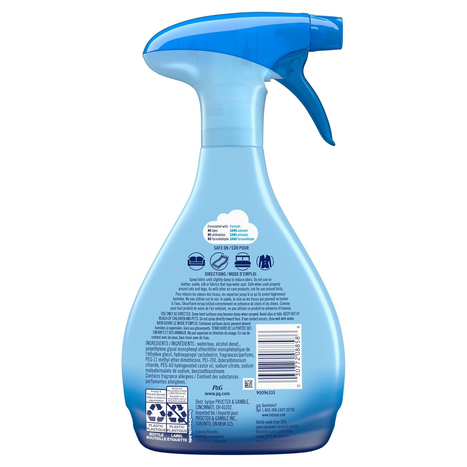 Febreze fabric refresher spray bottle with directions and ingredients