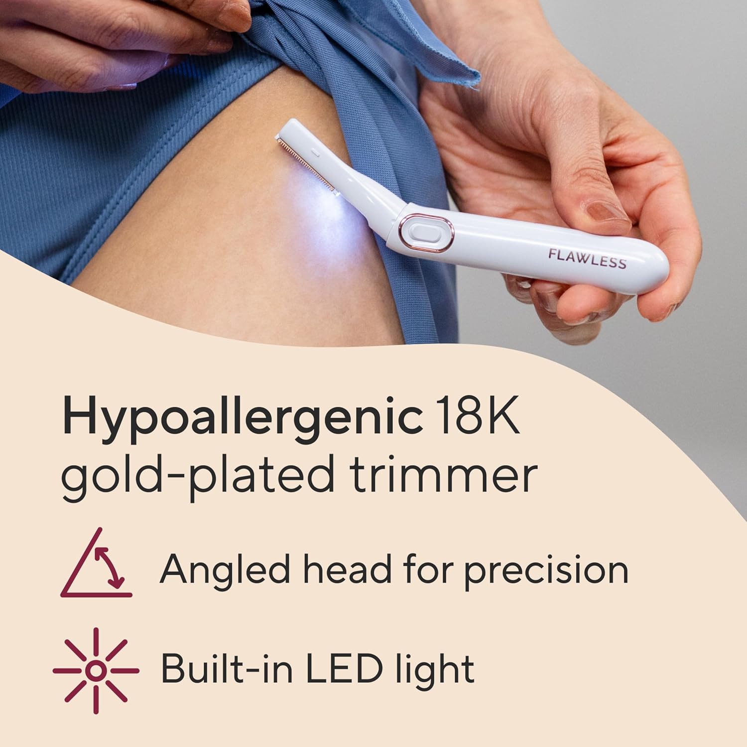 Finishing touch flawless hypoallergenic 18k gold-plated trimmer with angled head for precision with built in LED light.