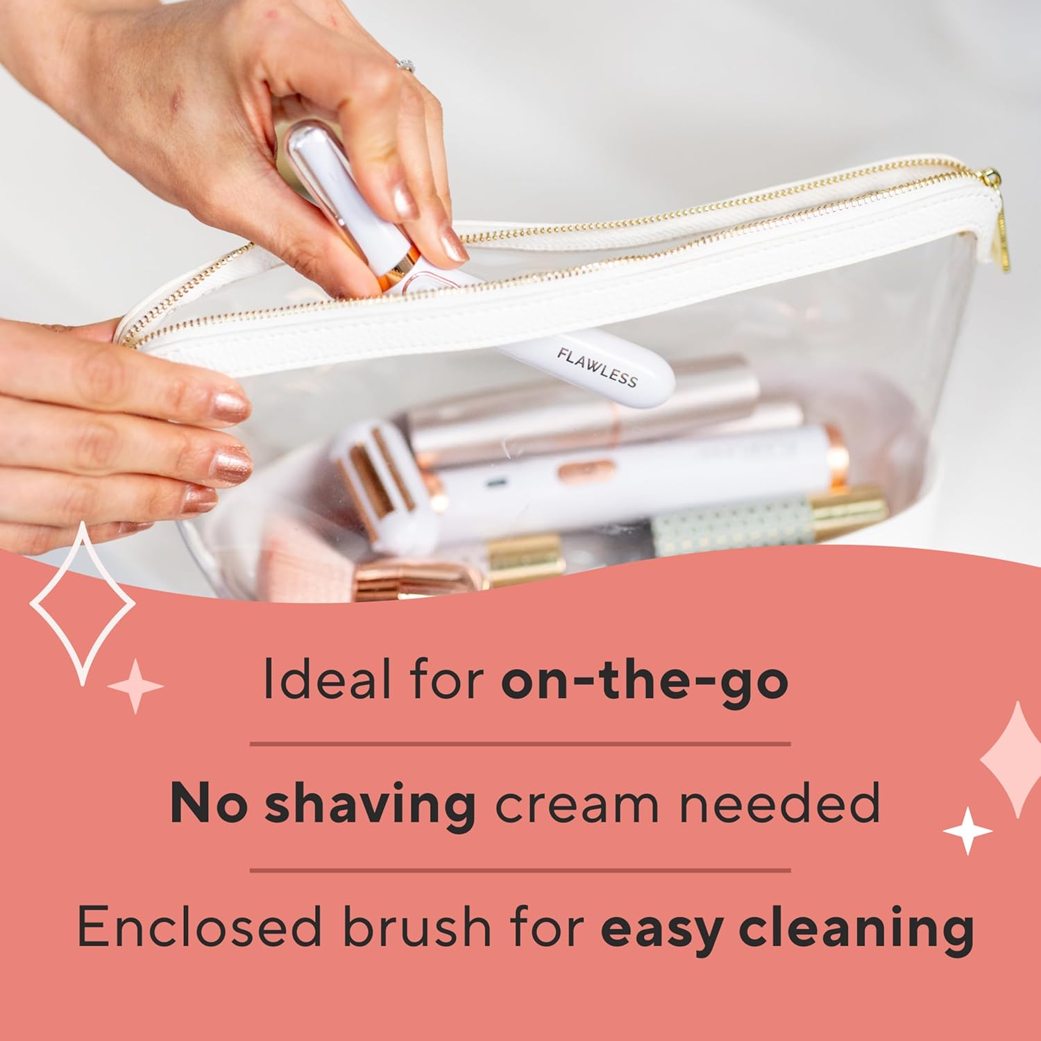 Finishing Touch Flawless bikini shaver & trimmer is ideal for on the go, no shaving cream needed and enclosed brush for easy cleaning.