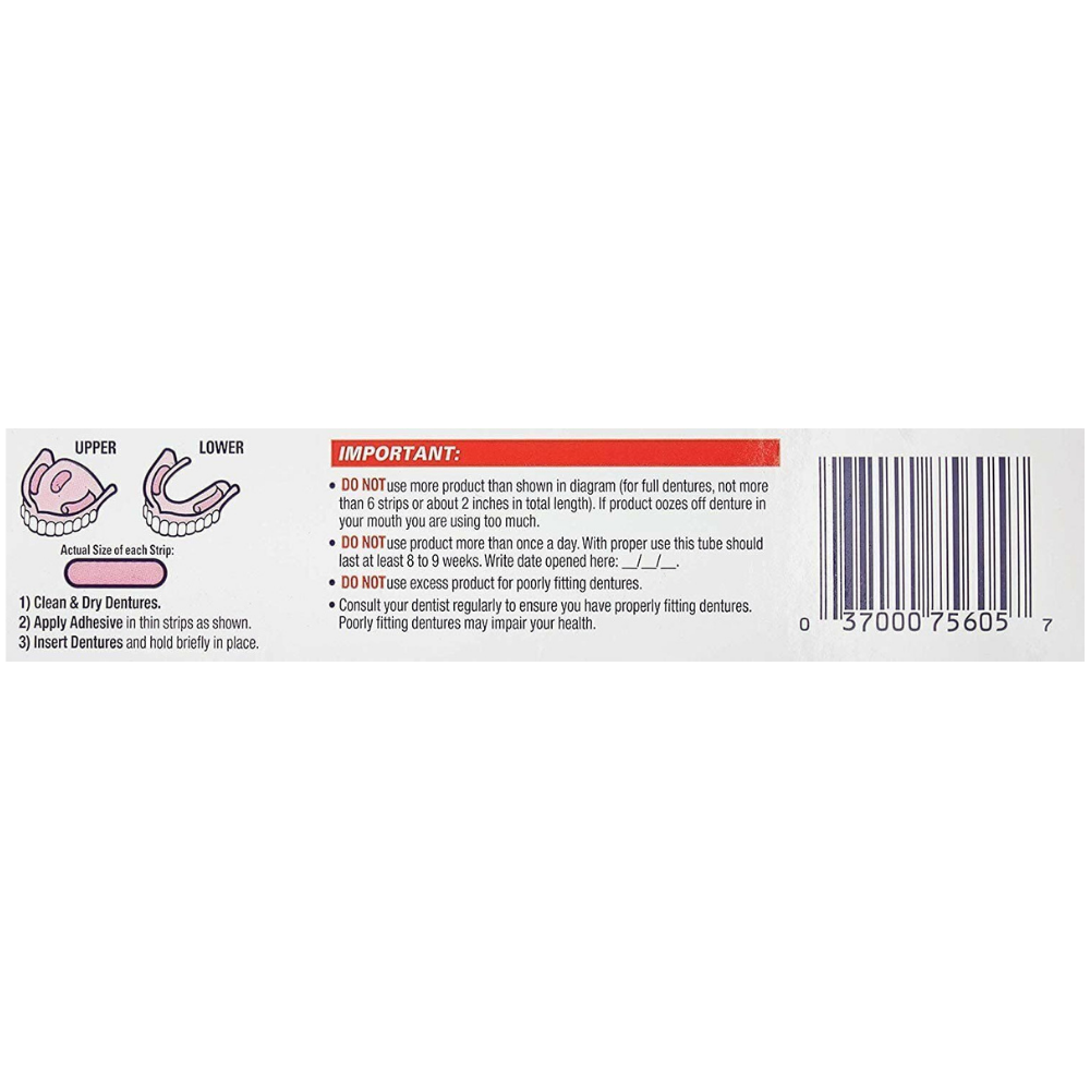 Fixodent denture adgsive cream instructions and warnings.