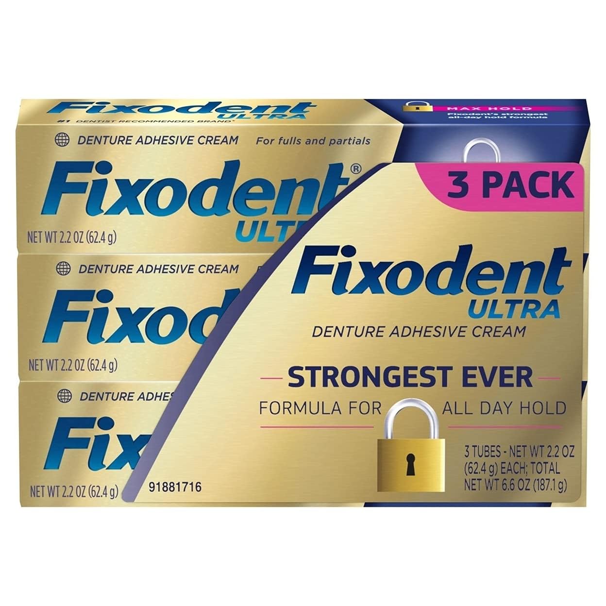 Pack of three Fixodent Ultra Max Hold Dental Adhesive cream tubes, 2.2 oz each, in blue and gold packaging.