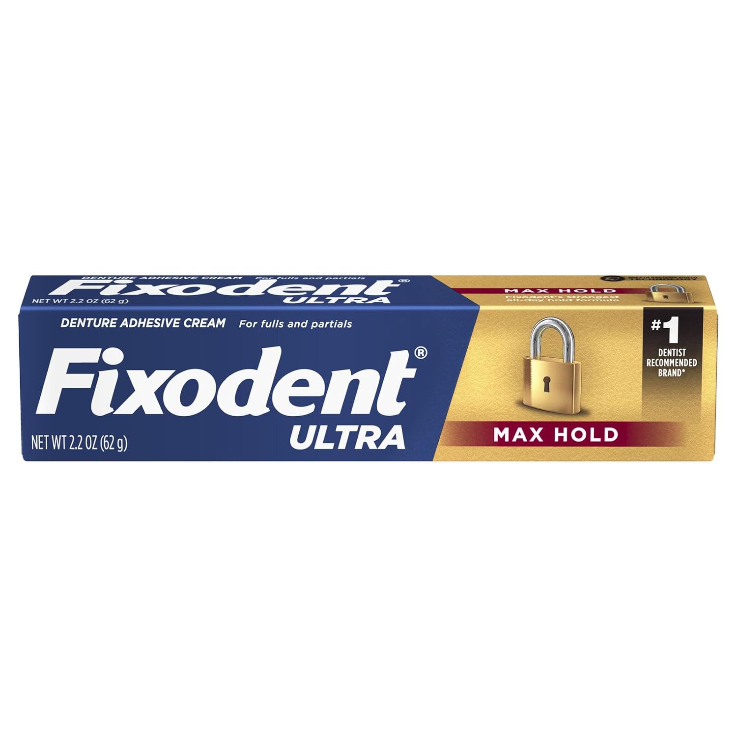 Package of Fixodent ultra max hold denture adhesive cream for full and partials