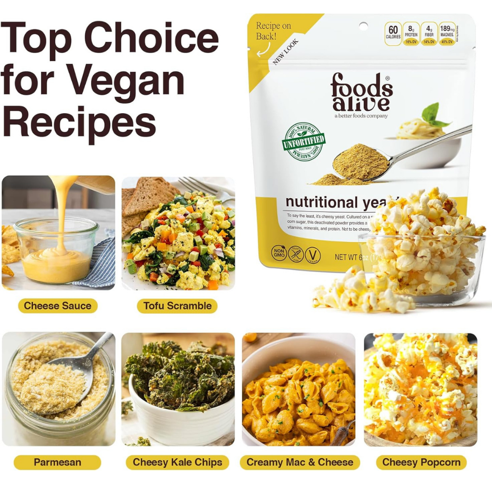 Packaging of foods alive nutritional yeast with examples of dishes it can be used in.
