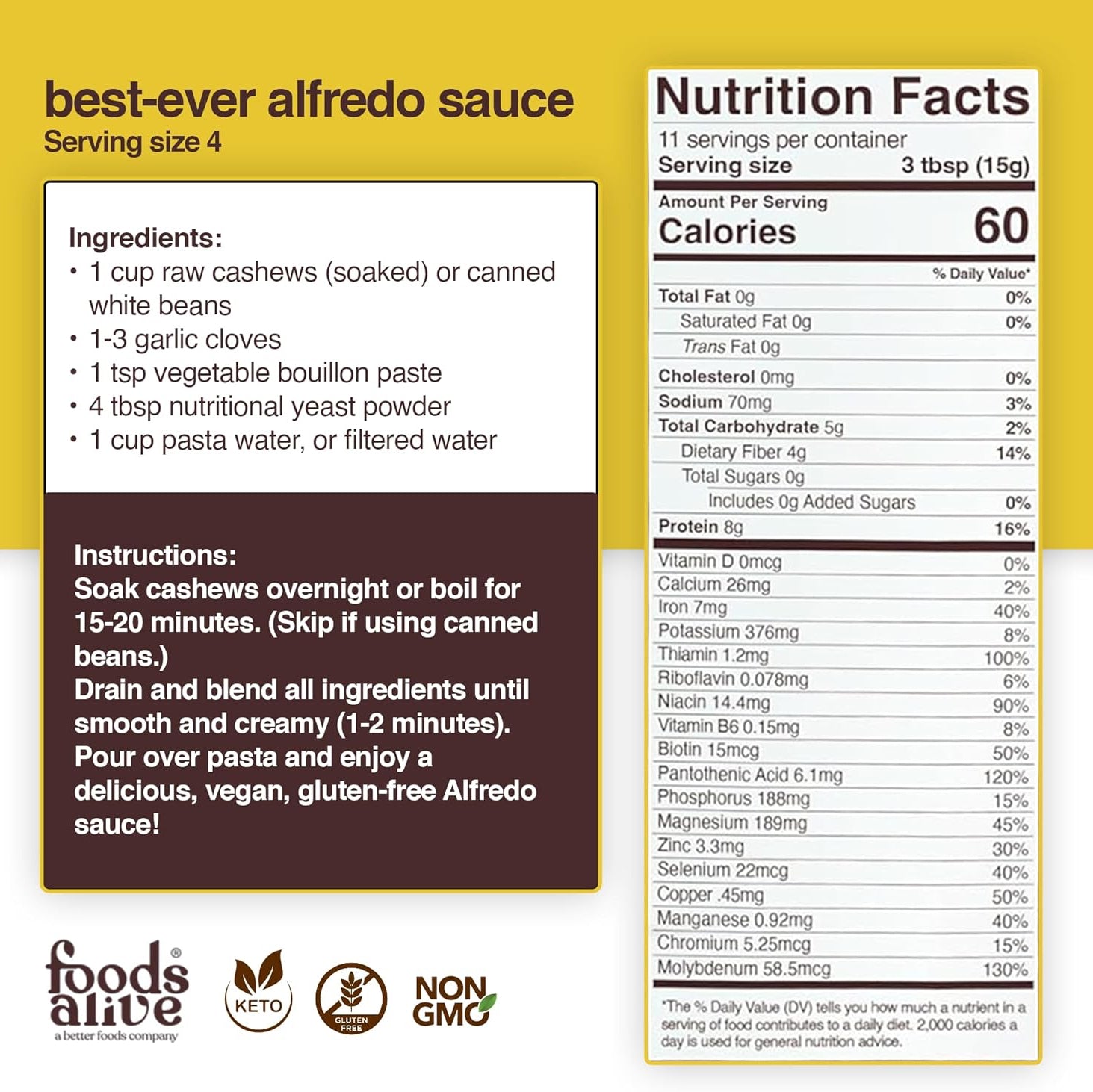 Nutrition label and ingredients list for a vegan Alfredo sauce using foods alive nutritional yeast