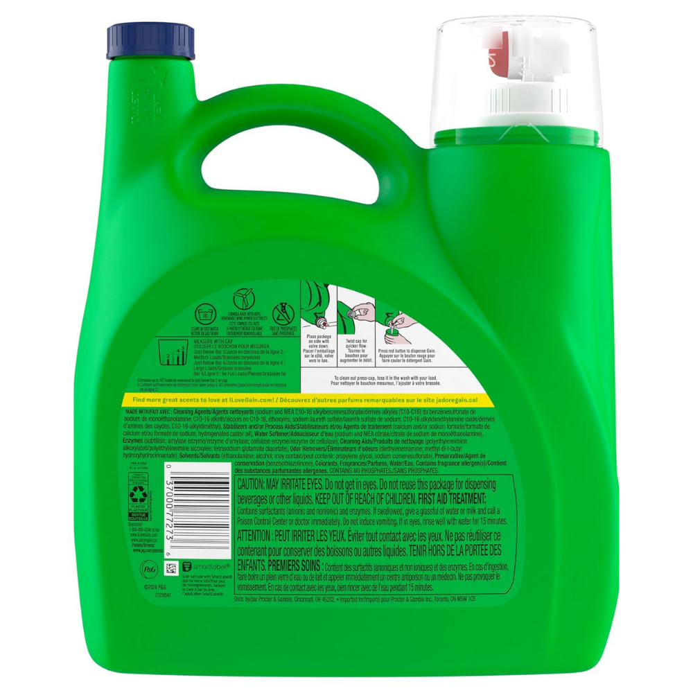 Back of a bottle of Gain aroma boost laundry detergent