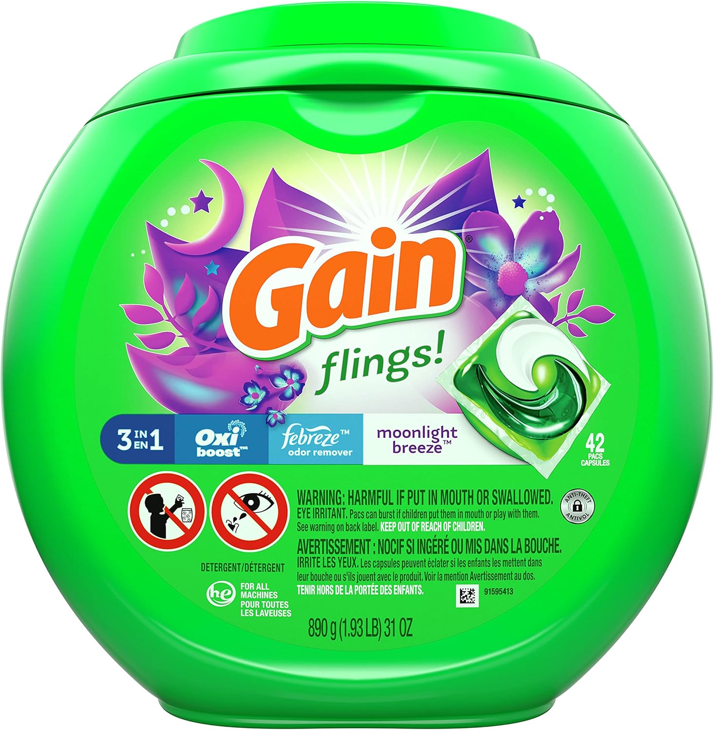 A container of Gain Flings laundry detergent pods in the scent of Moonlight Breeze
