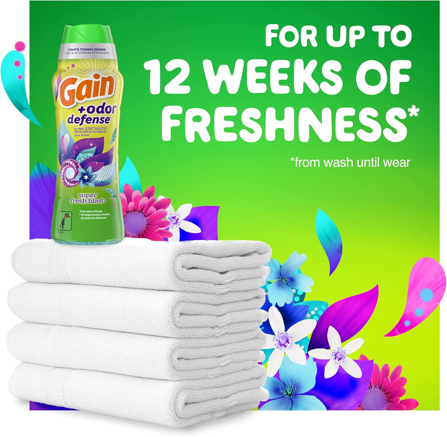 Graphic for Gain liquid laundry detergent with odor defense - in the super fresh blast scent.
