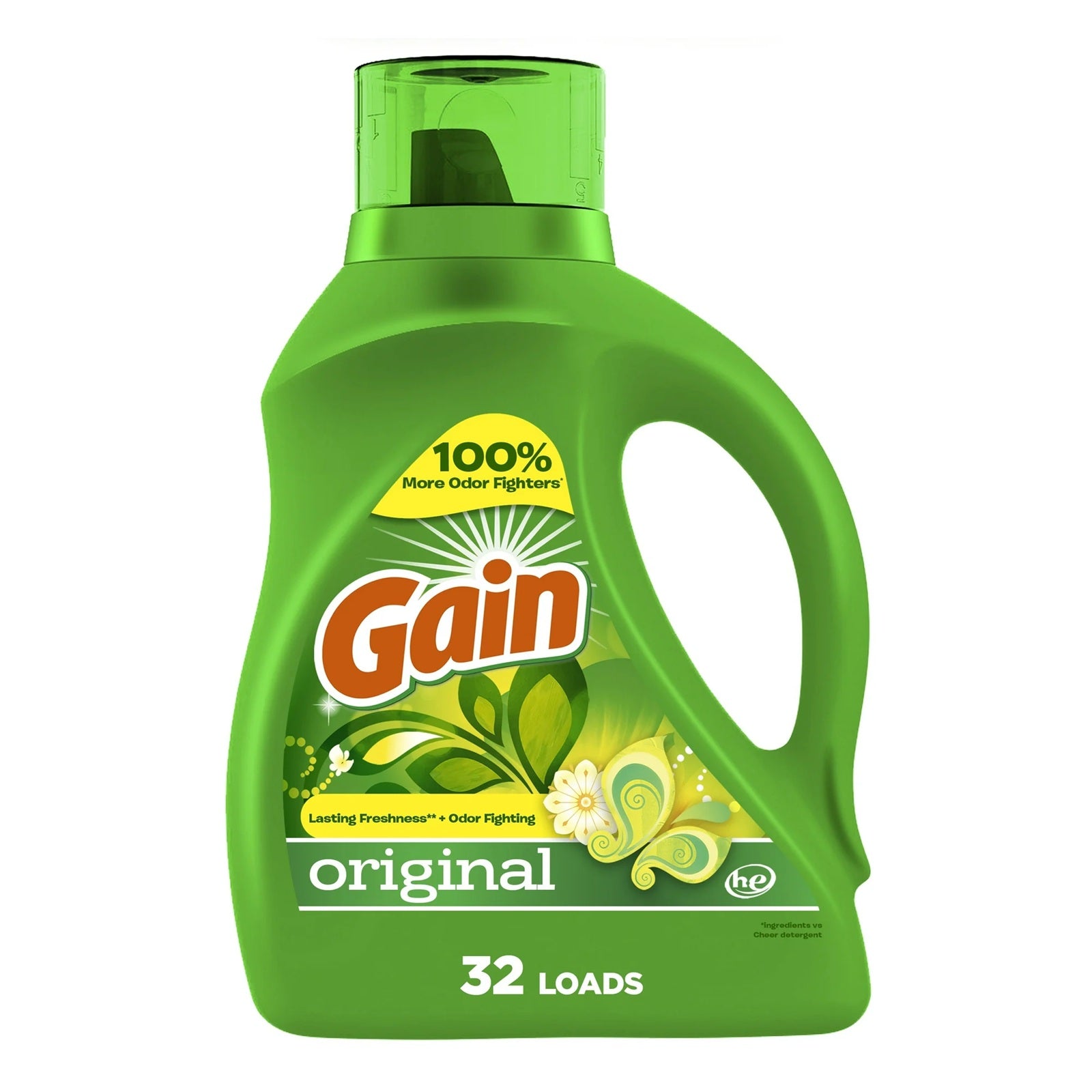 Gain orignal laundry detergent promises lasting freshness in up to 32 loads with 100% more odor fighters.
