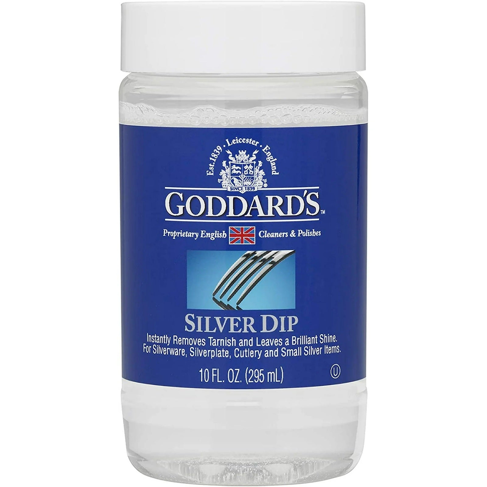 Goddard's silver dip container instantly removes tarnishes and leaves a brilliant shine