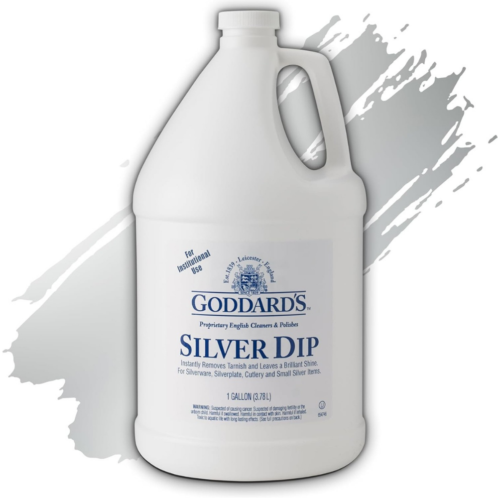 Gallon container of Goddard's Silver Dip to instantly remove tarnish and leave a brilliant shine.