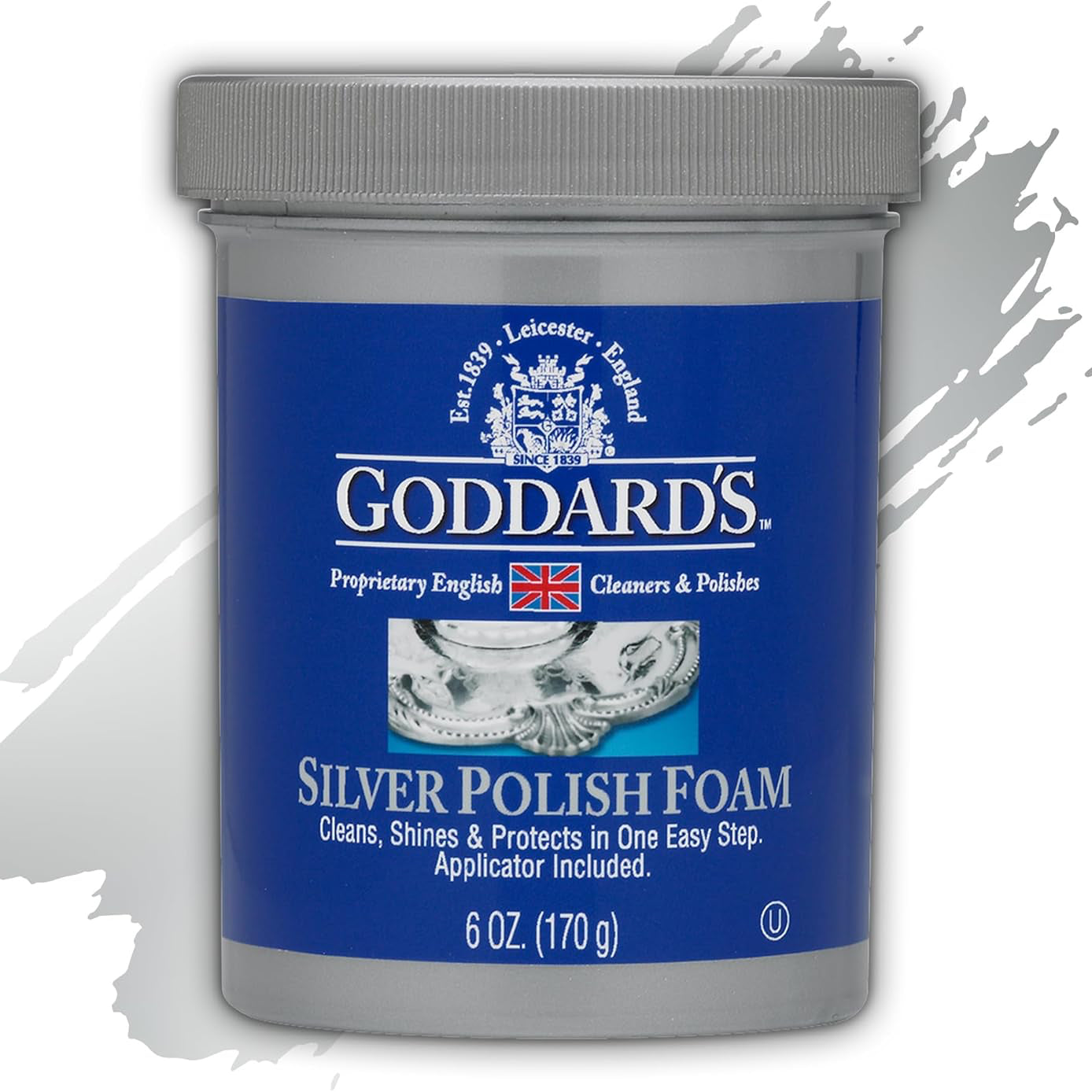 A container of Goddard's Silver Polish Foam to clean, shined protect silver with an applicator included.