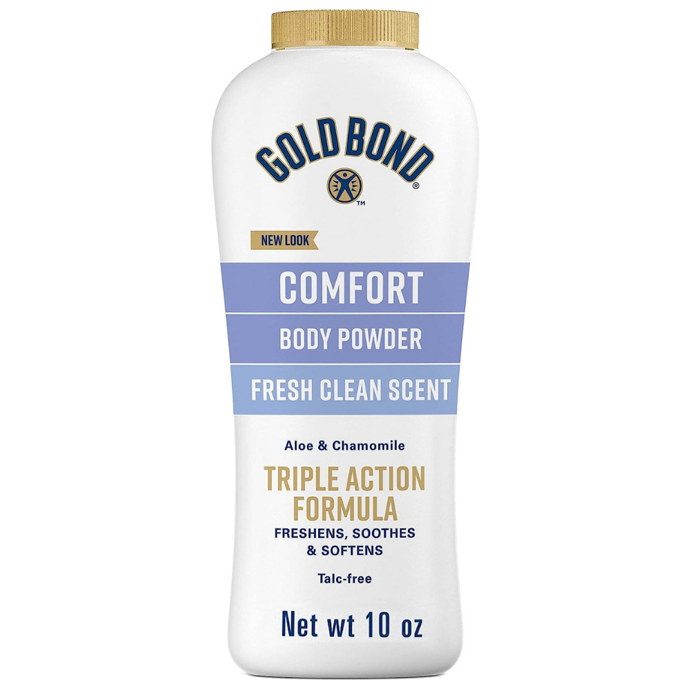 Container of Gold Bond ultimate comfort body powder with fresh clean scent, aloe & chamomile infused with triple action formula.