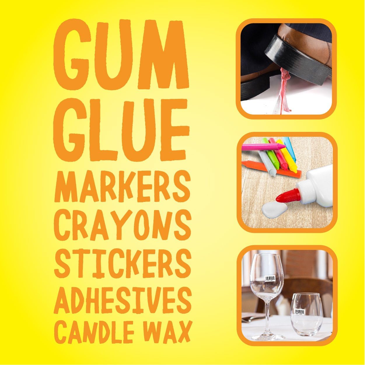 Goo Gone adhesive remover cleaning spray for gum removal, glue cleaning, wax remover and marker and crayons stains.