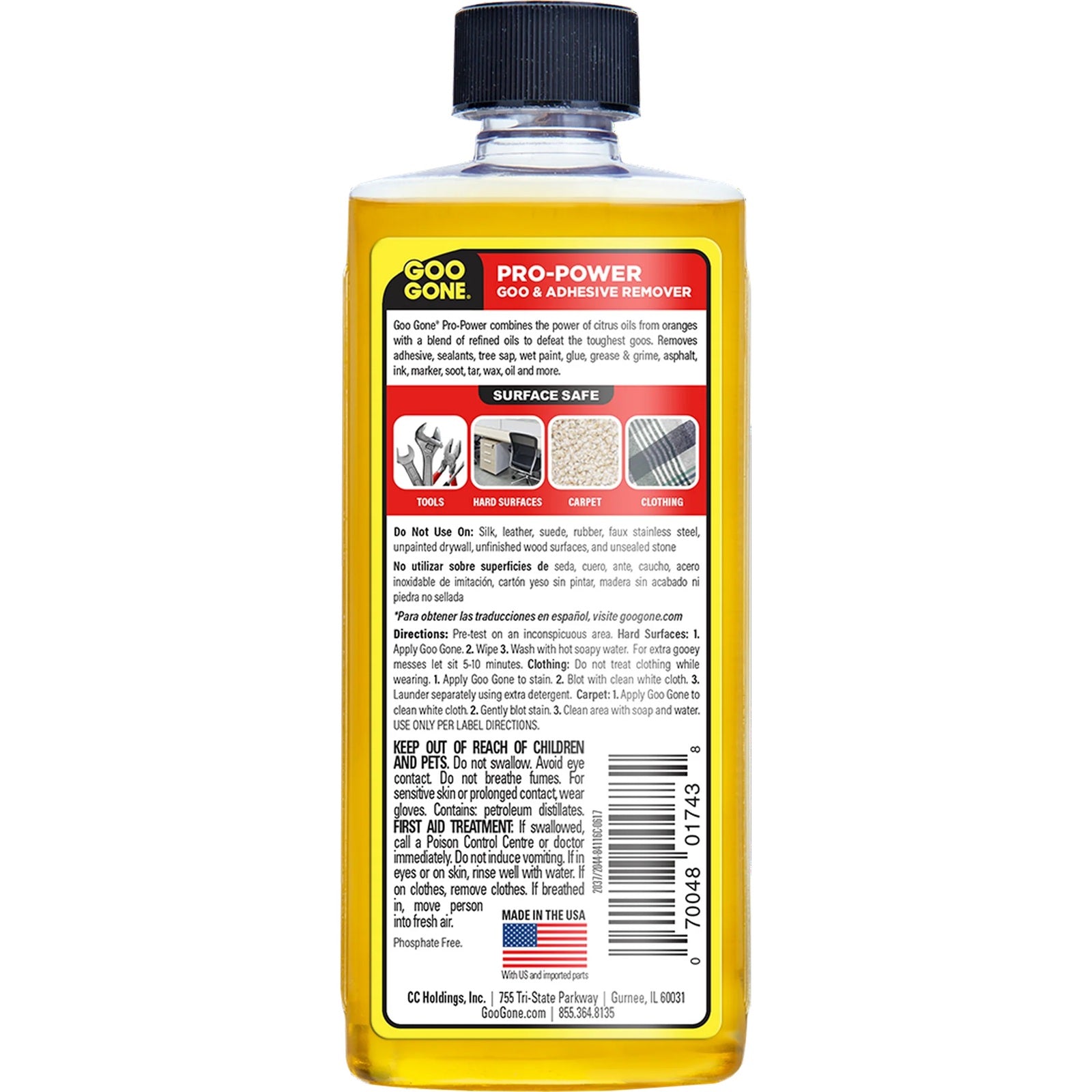 Goo Gone pro power adhesive remover for tools hard surfaces, carpets and clothing.