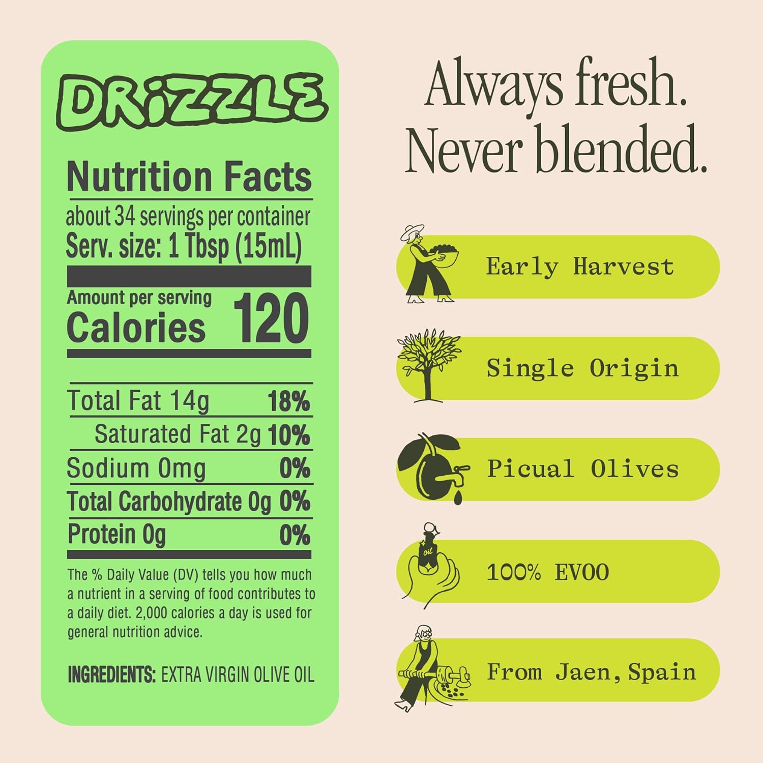 Nutrition facts label for Graza drizzle olive oil - always fresh never blended picual olives olive oil