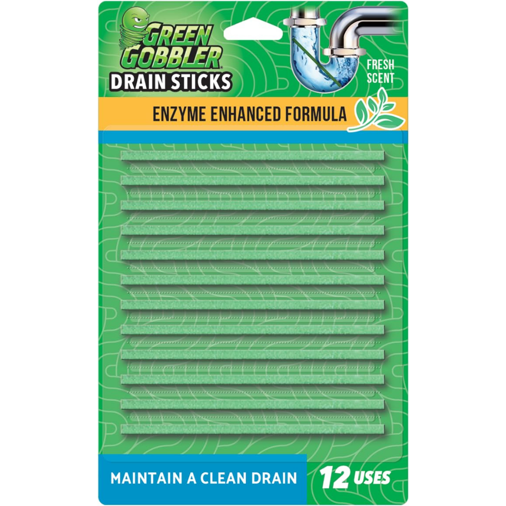 Green gobbler drain sticks with enzyme enhanced formula for fresh scent drain cleaning.