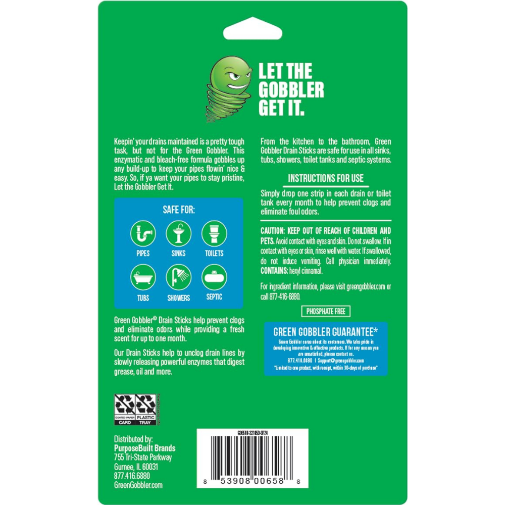Packaging of Green gobbler drain strips to keep drains clean and eliminates clogs - instructions and caution