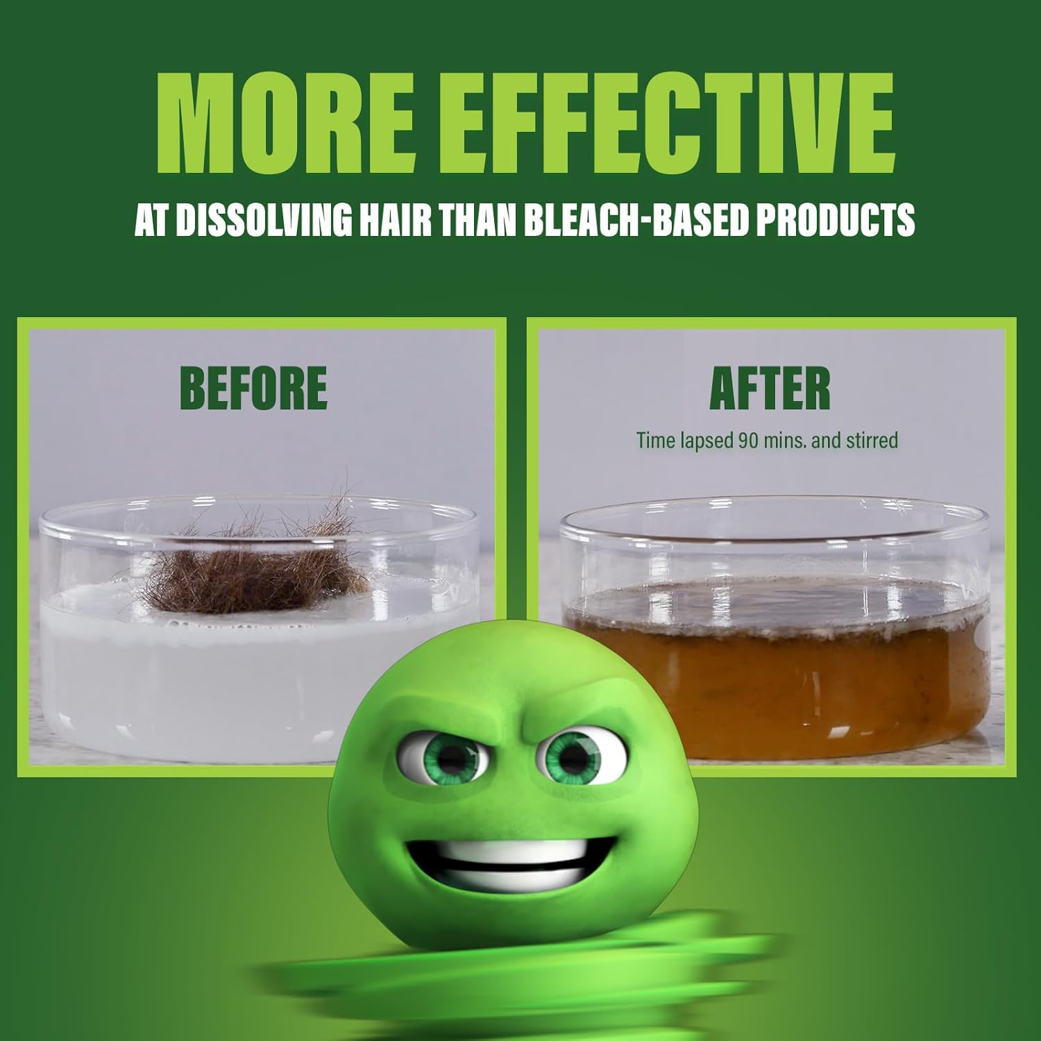 Green Gobbler drain clog remover is more effective at dissolving hair than other bleach based products.