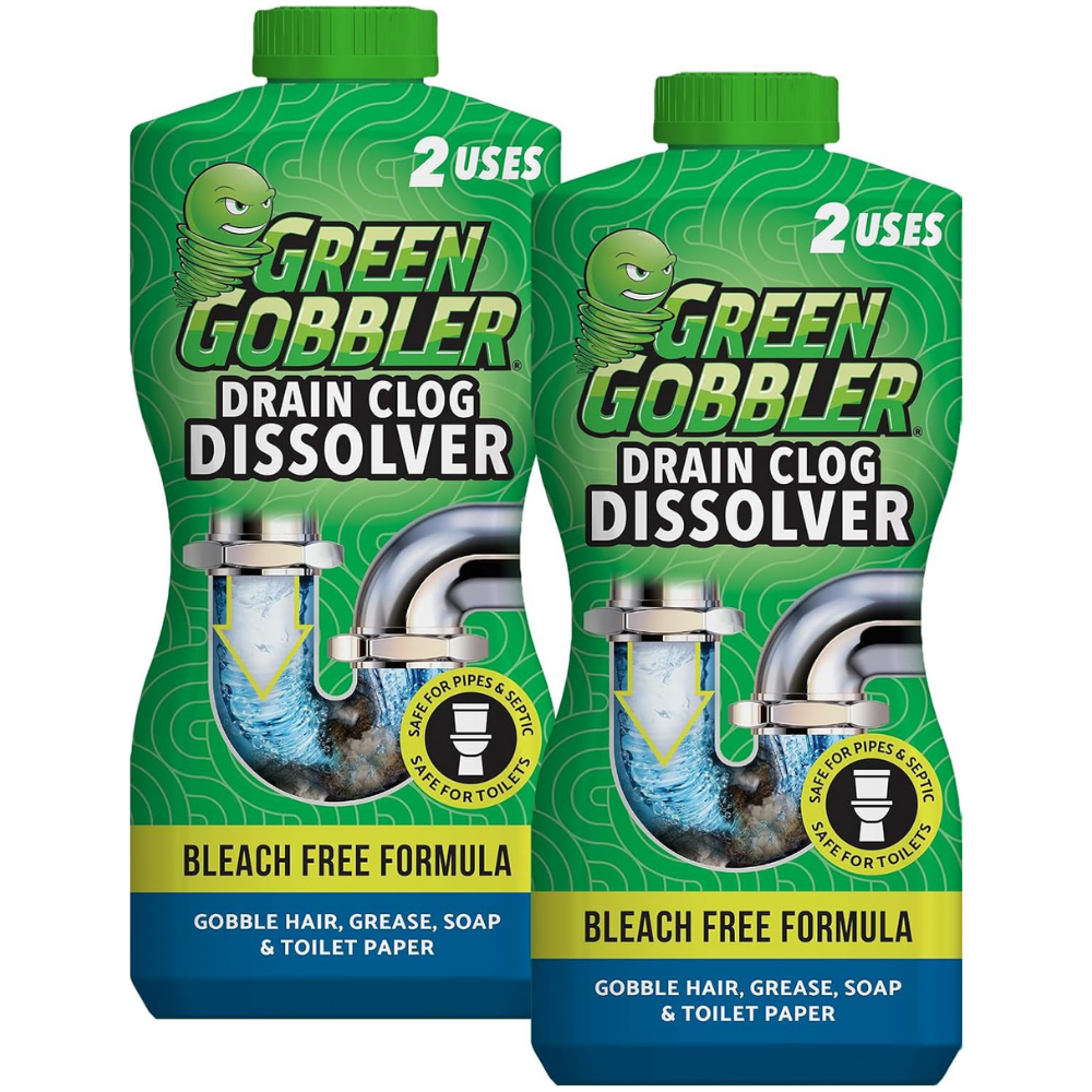 Two bottles of Green Gobbler drain clog dissolver with bleach free formula to clean pipes of hair, grease, soap & toilet paper.